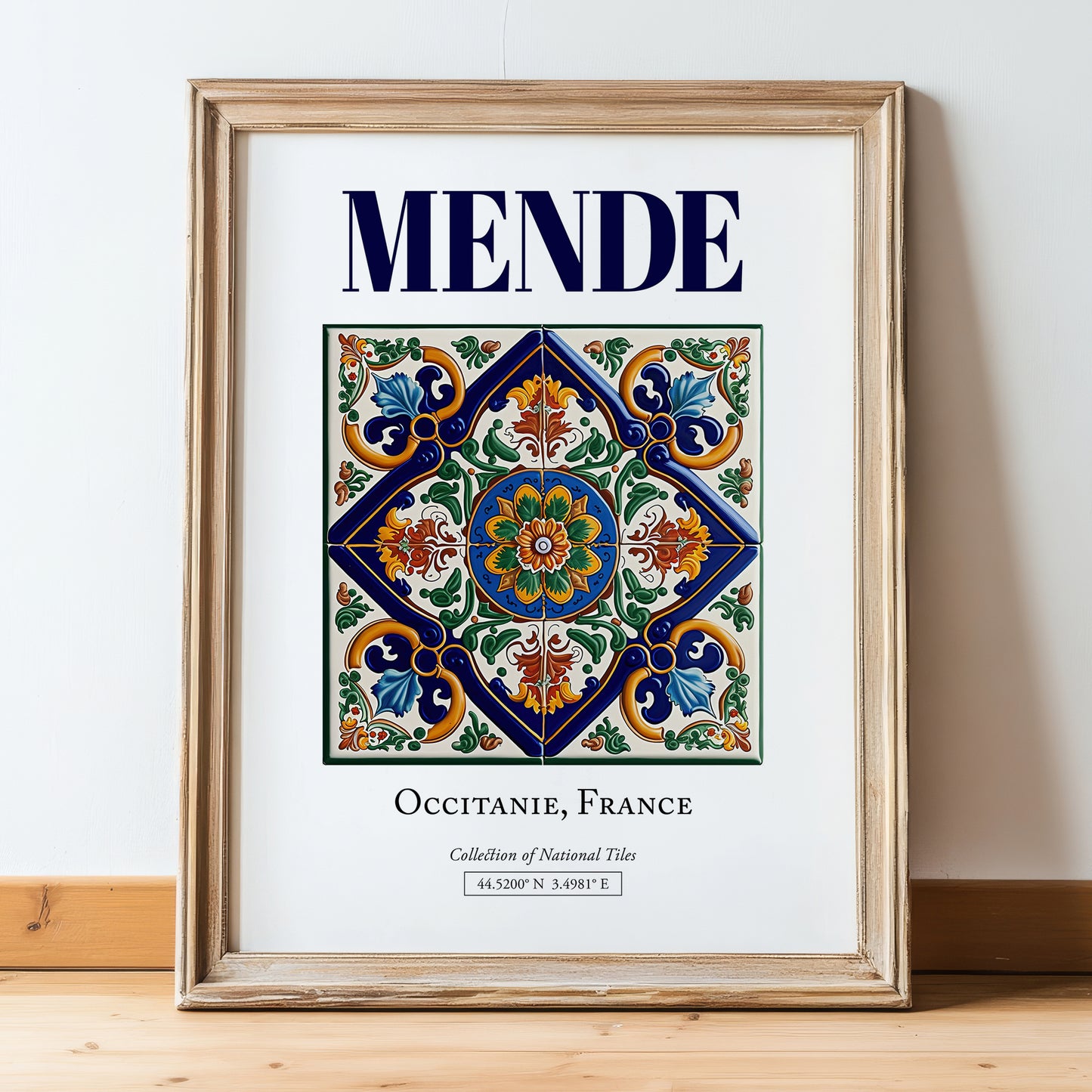 Mende, France – Retro Travel Poster, in wooden frame leaning on the floor