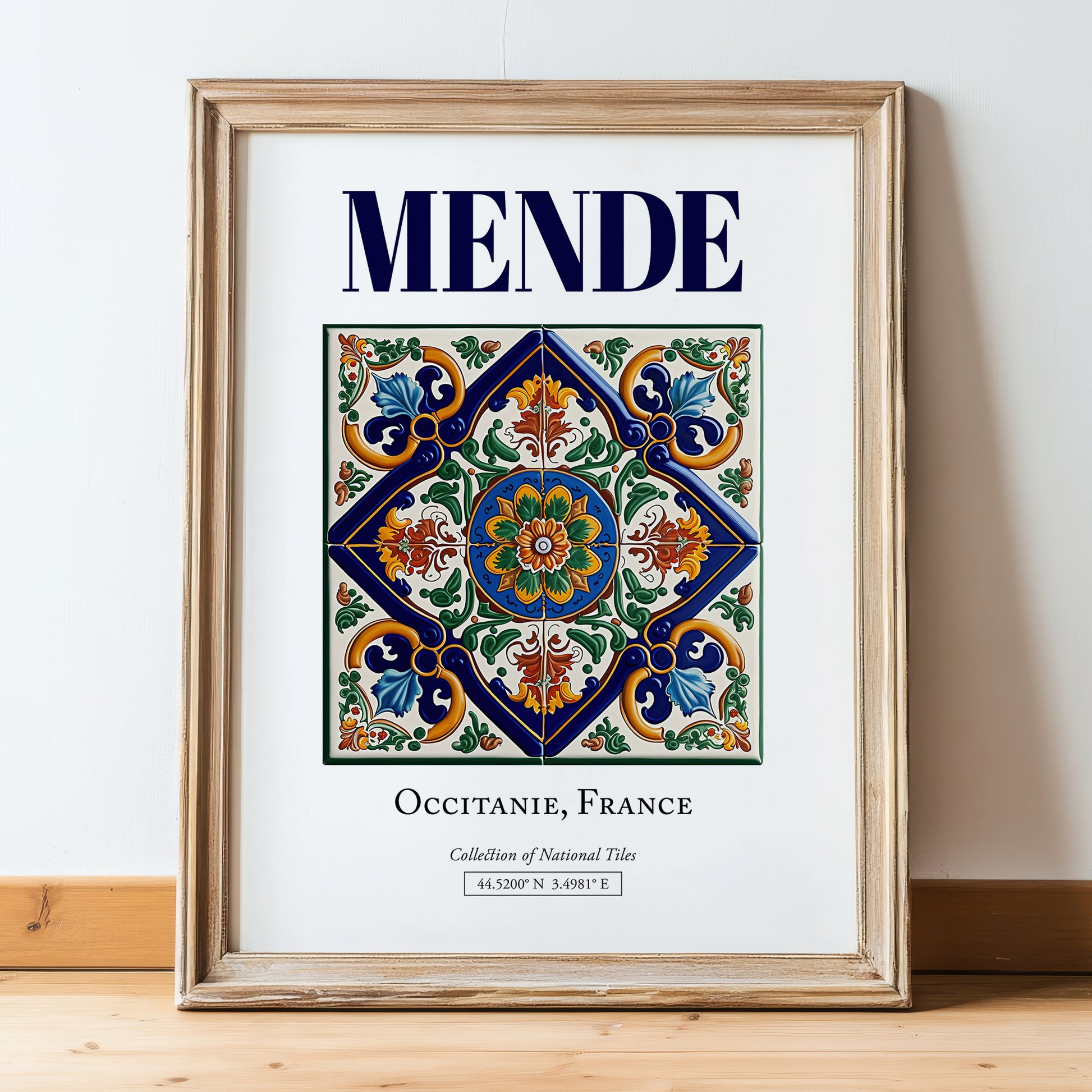 Mende, France – Retro Travel Poster, in wooden frame leaning on the floor