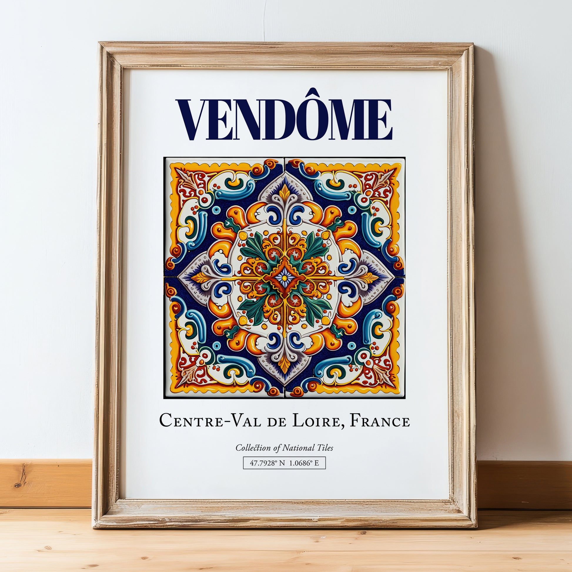Vendôme, France – Travel Poster, in wooden frame leaning on the floor