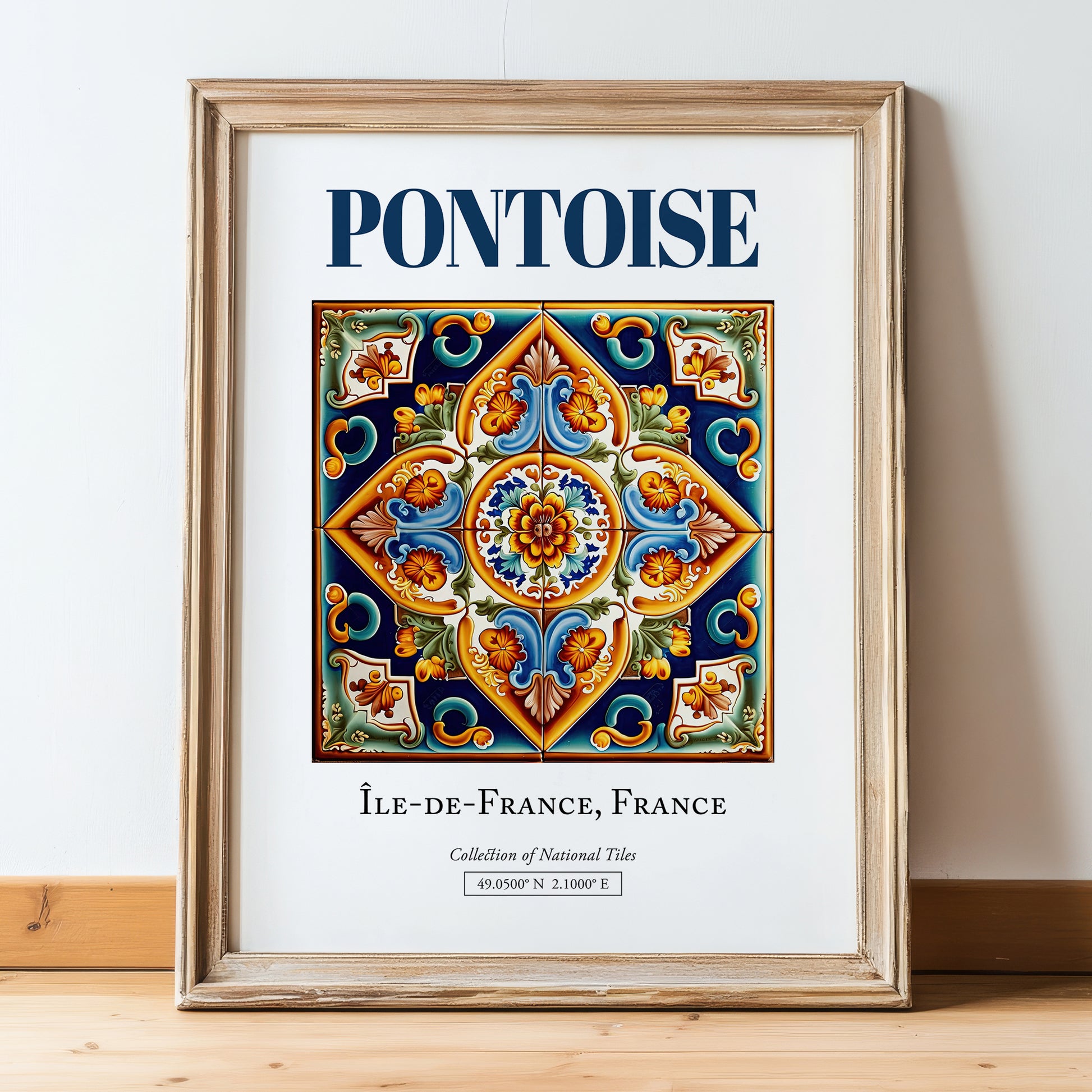 Pontoise, France – Retro Travel Poster, in wooden frame leaning on the floor
