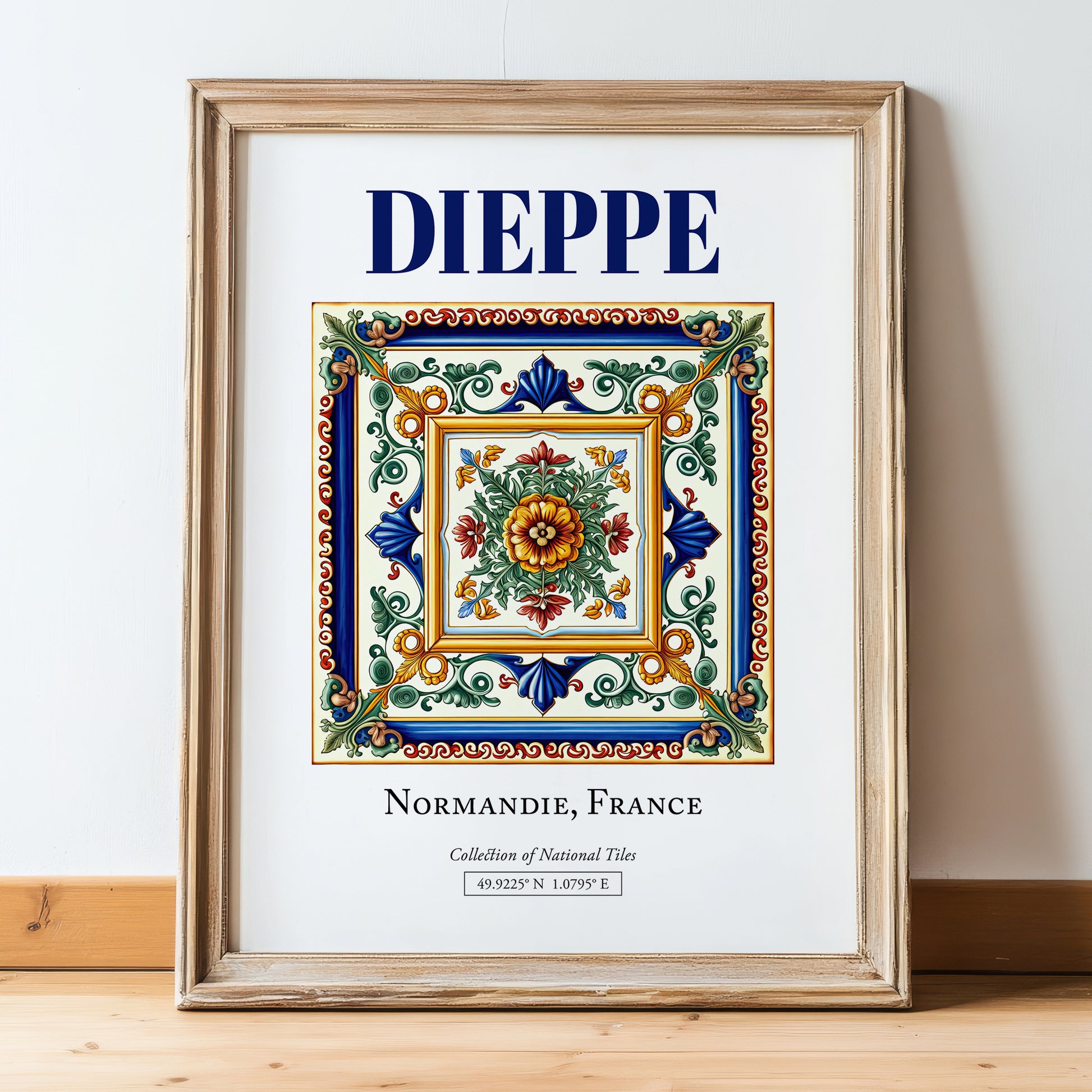 Dieppe, France – Travel Wall Art, in wooden frame leaning on the floor