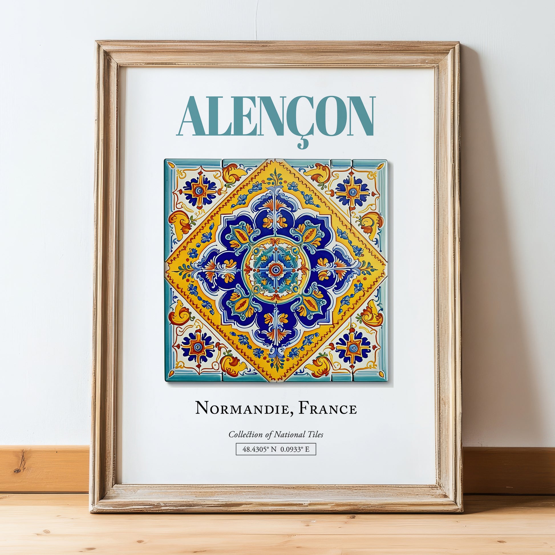 Alençon, France – Travel Poster, in wooden frame leaning on the floor