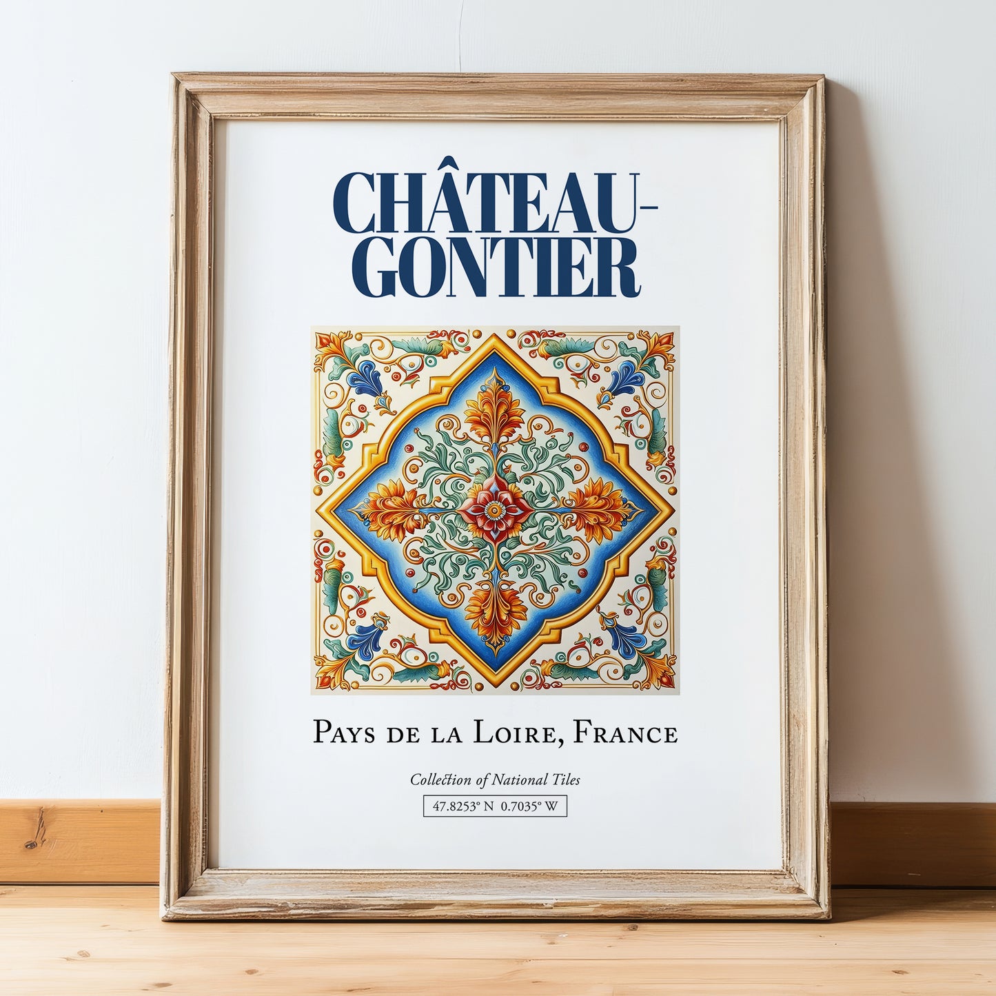 Château-Gontier, France – Travel Wall Decor, in wooden frame leaning on the floor