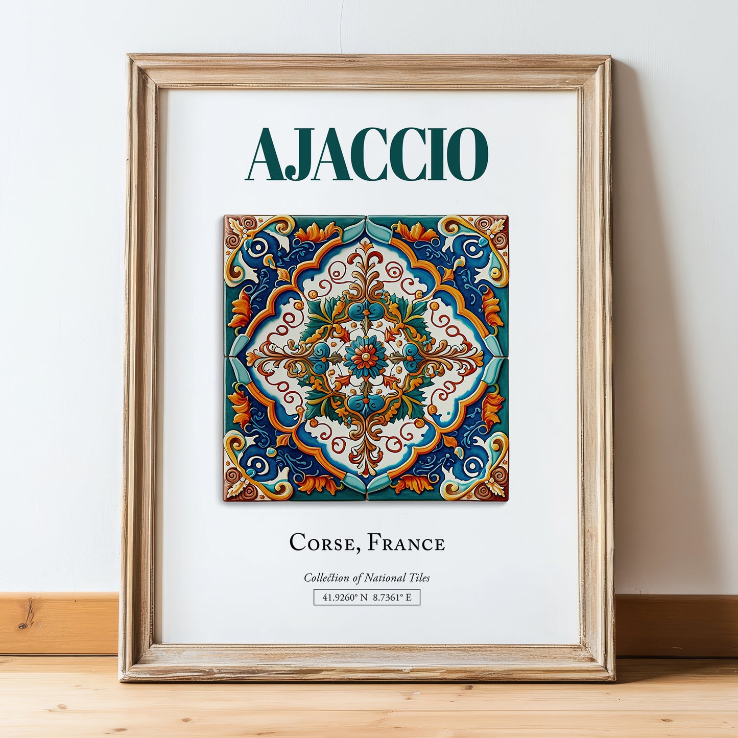 Ajaccio, France – World Travel Art, in wooden frame leaning on the floor