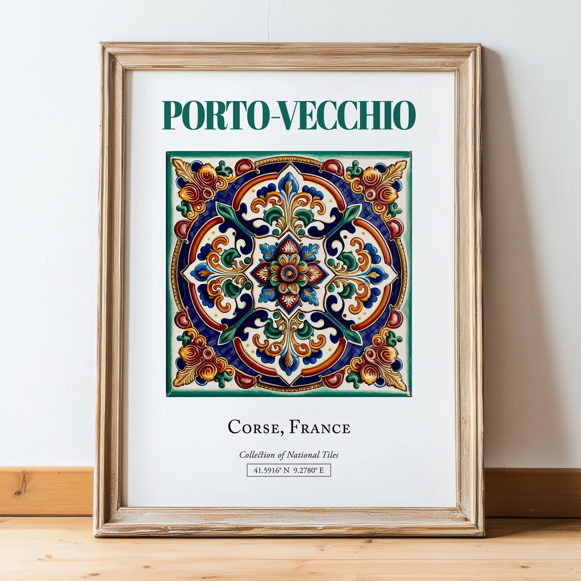 Porto-Vecchio, France – Illustrated Travel Poster, in wooden frame leaning on the floor
