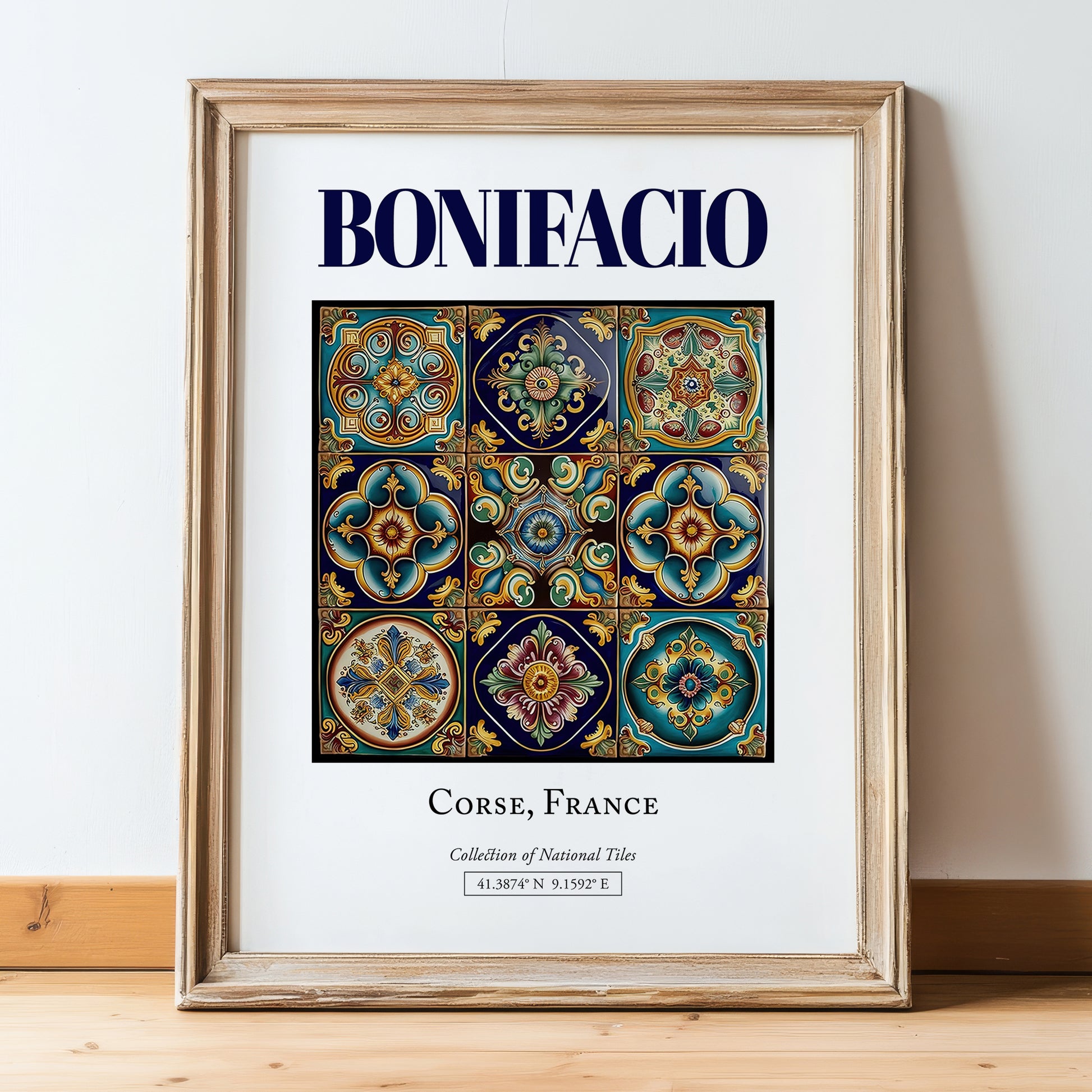 Bonifacio, France – Travel Poster, in wooden frame leaning on the floor