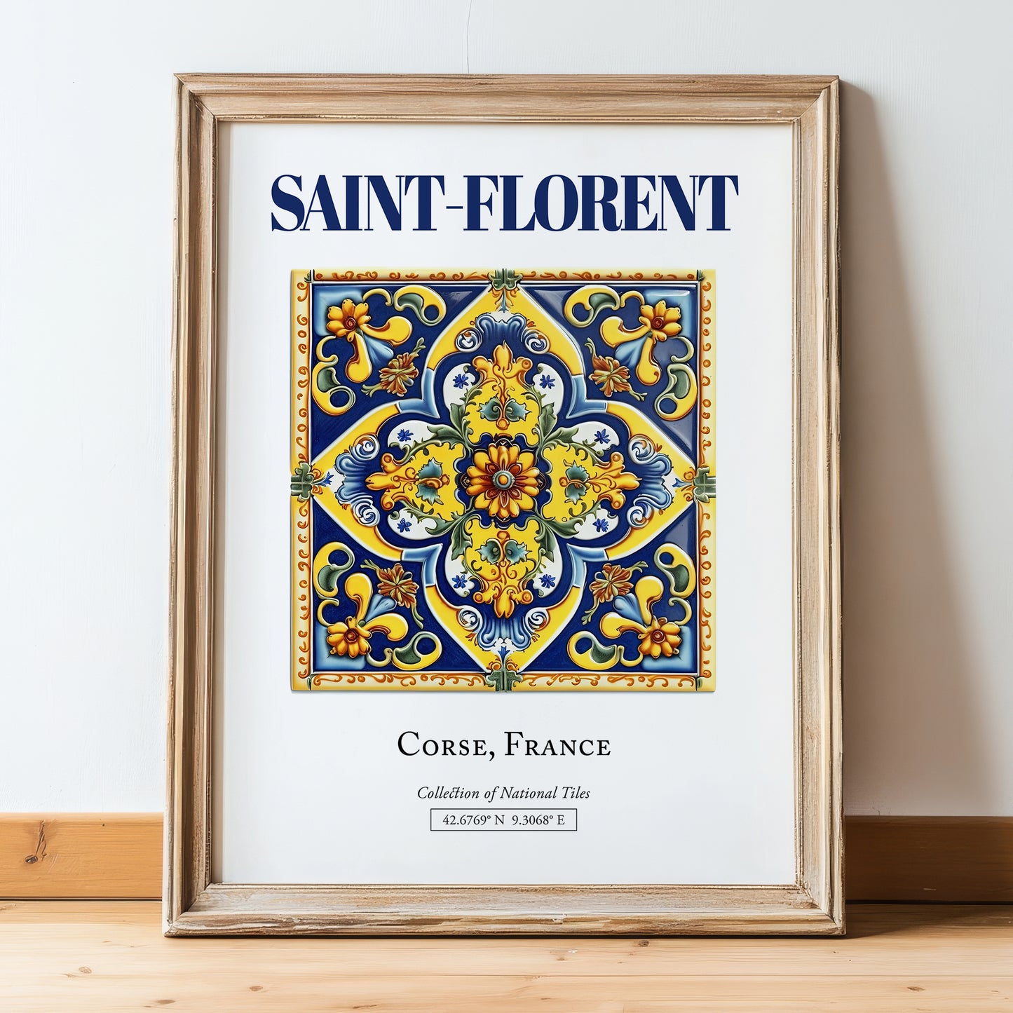 Saint-Florent, France – Travel Memories Wall Print, in wooden frame leaning on the floor