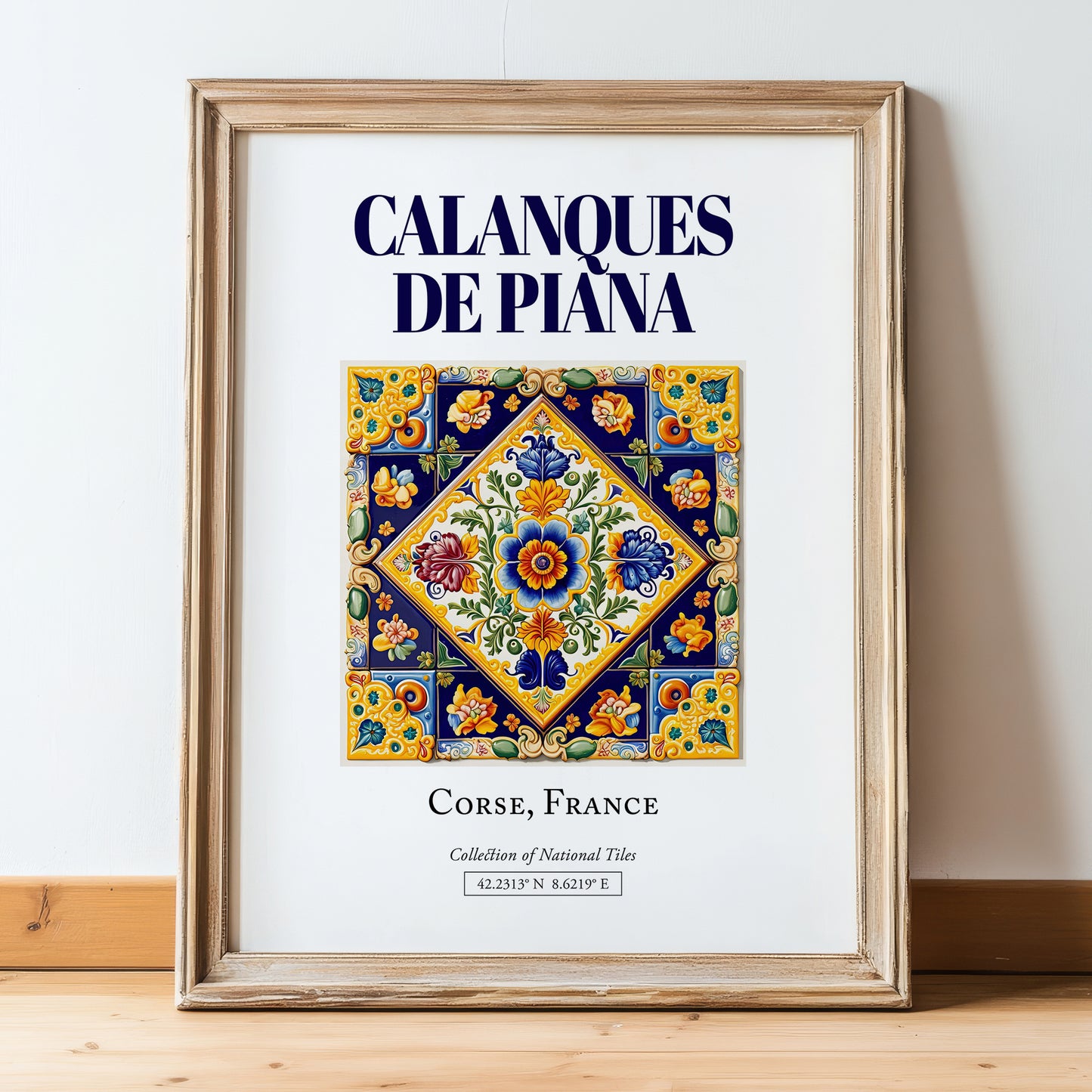 Calanques de Piana, France – Vintage Travel Poster, in wooden frame leaning on the floor