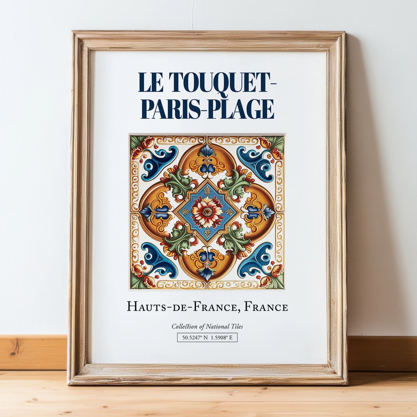 Le Touquet-Paris-Plage, France – Travel Poster, in wooden frame leaning on the floor