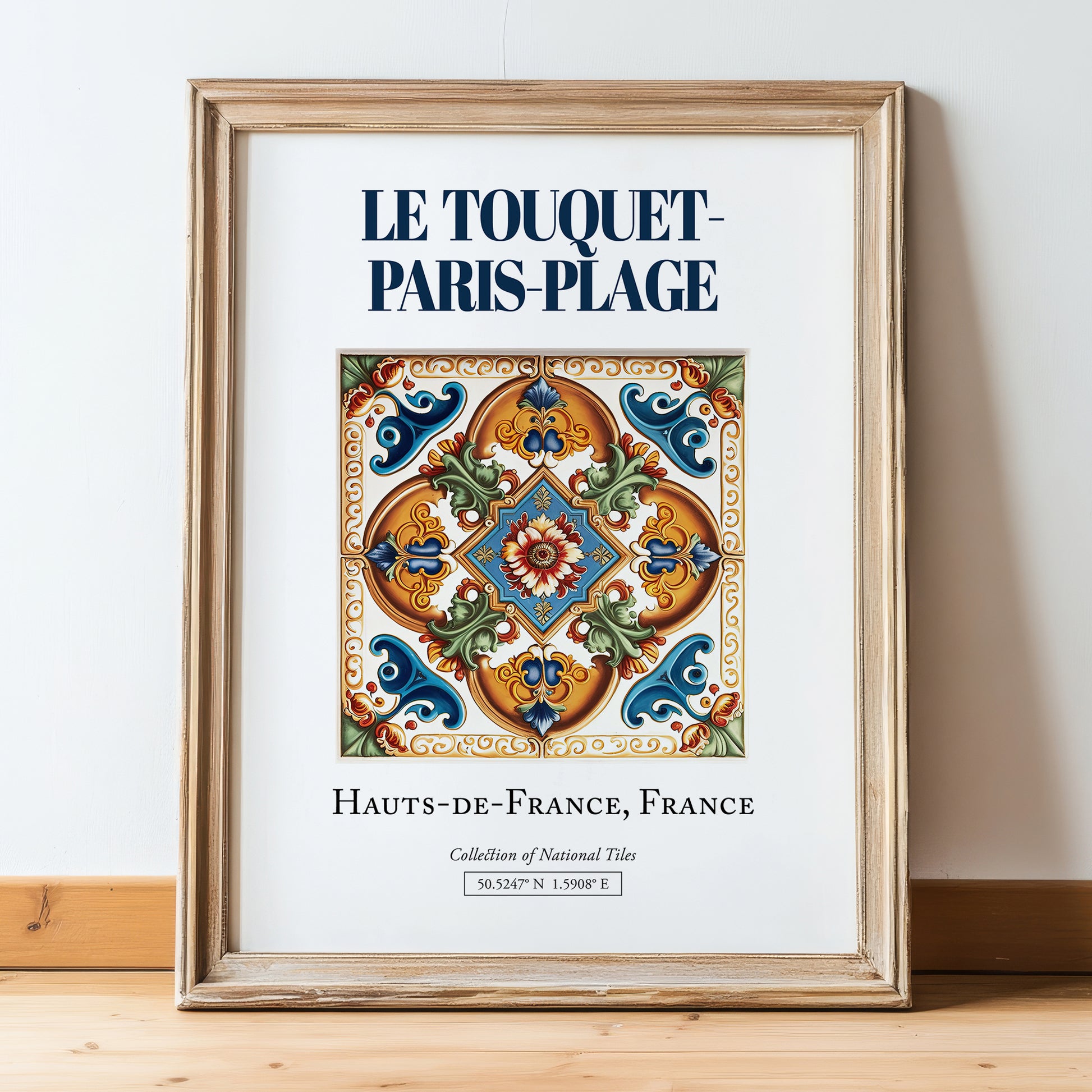 Le Touquet-Paris-Plage, France – Travel Poster, in wooden frame leaning on the floor
