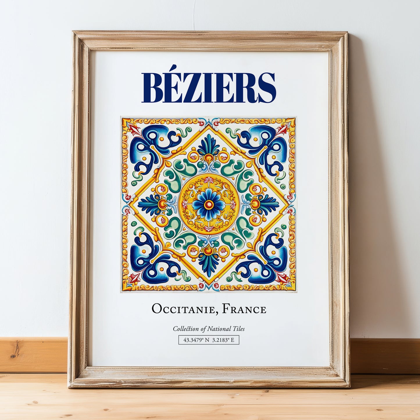 Béziers, France – Travel Poster, in wooden frame leaning on the floor