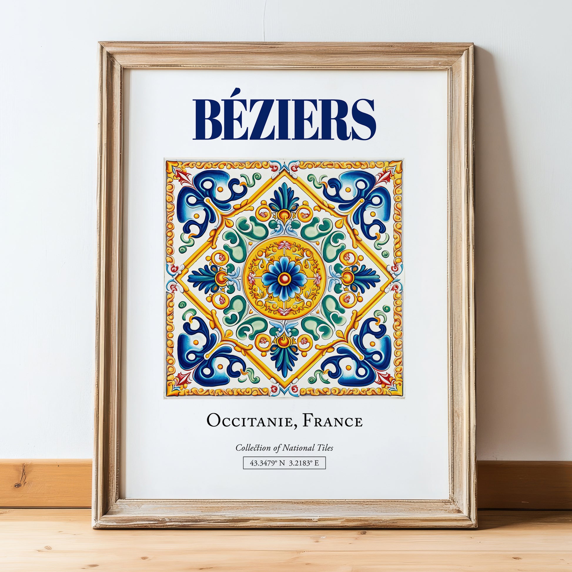 Béziers, France – Travel Poster, in wooden frame leaning on the floor