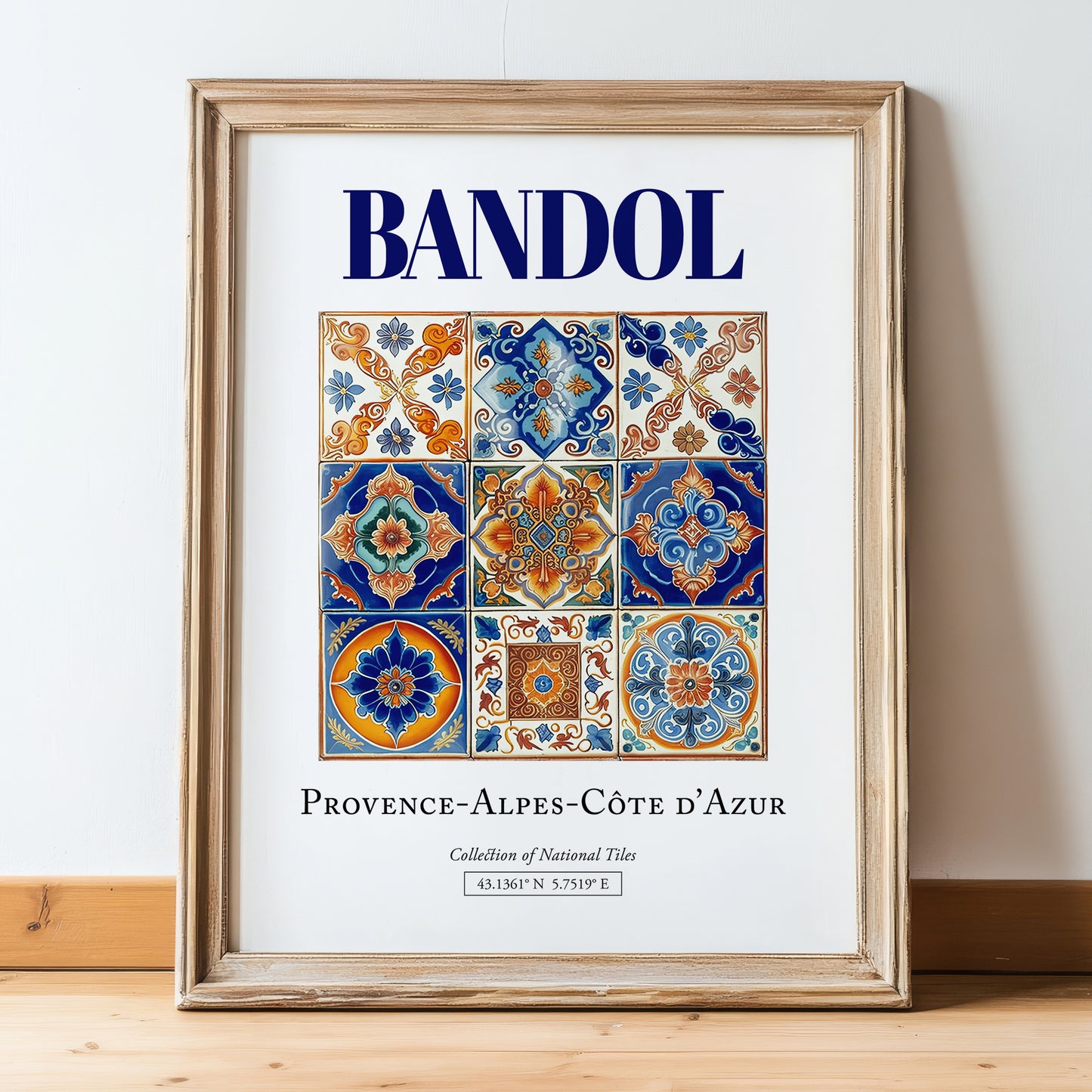Bandol, France – World Heritage Travel Poster, in wooden frame leaning on the floor