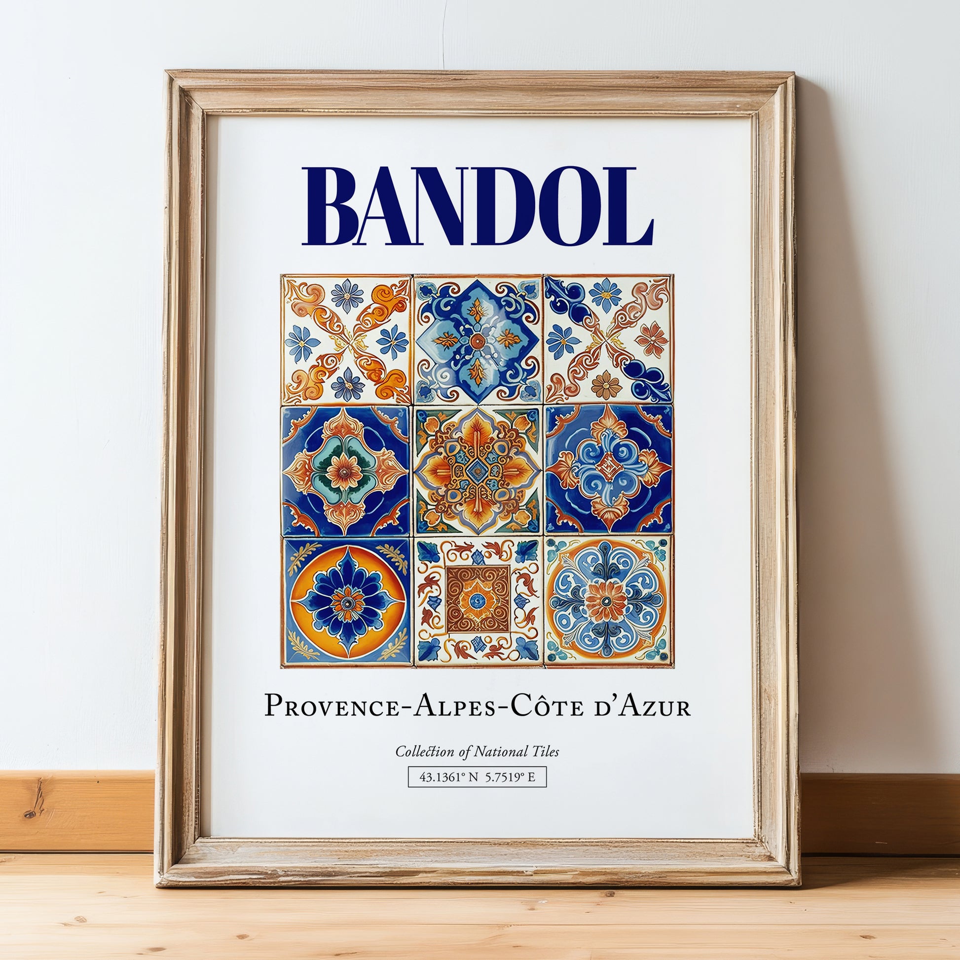 Bandol, France – World Heritage Travel Poster, in wooden frame leaning on the floor