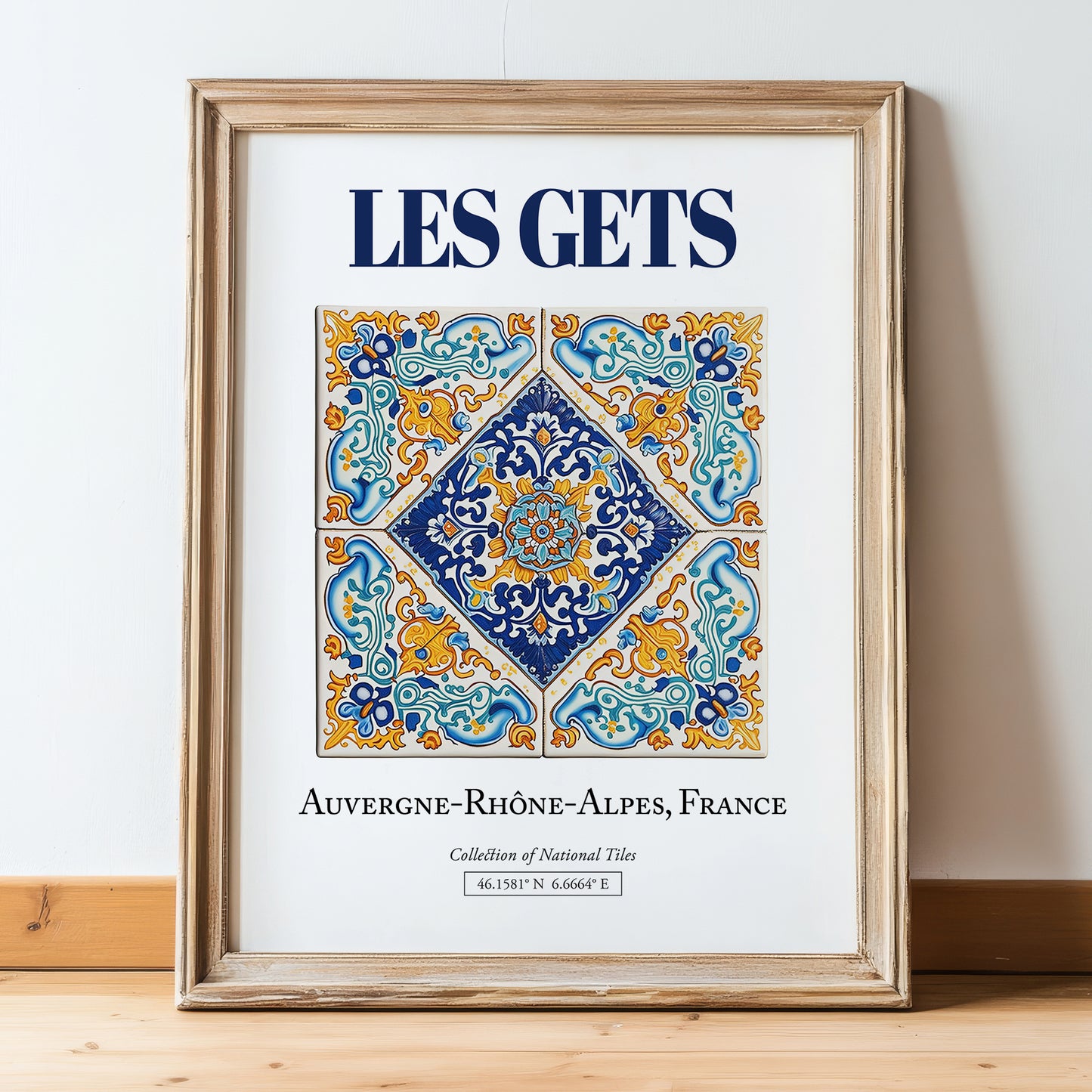 Les Gets, France – Travel Poster, in wooden frame leaning on the floor