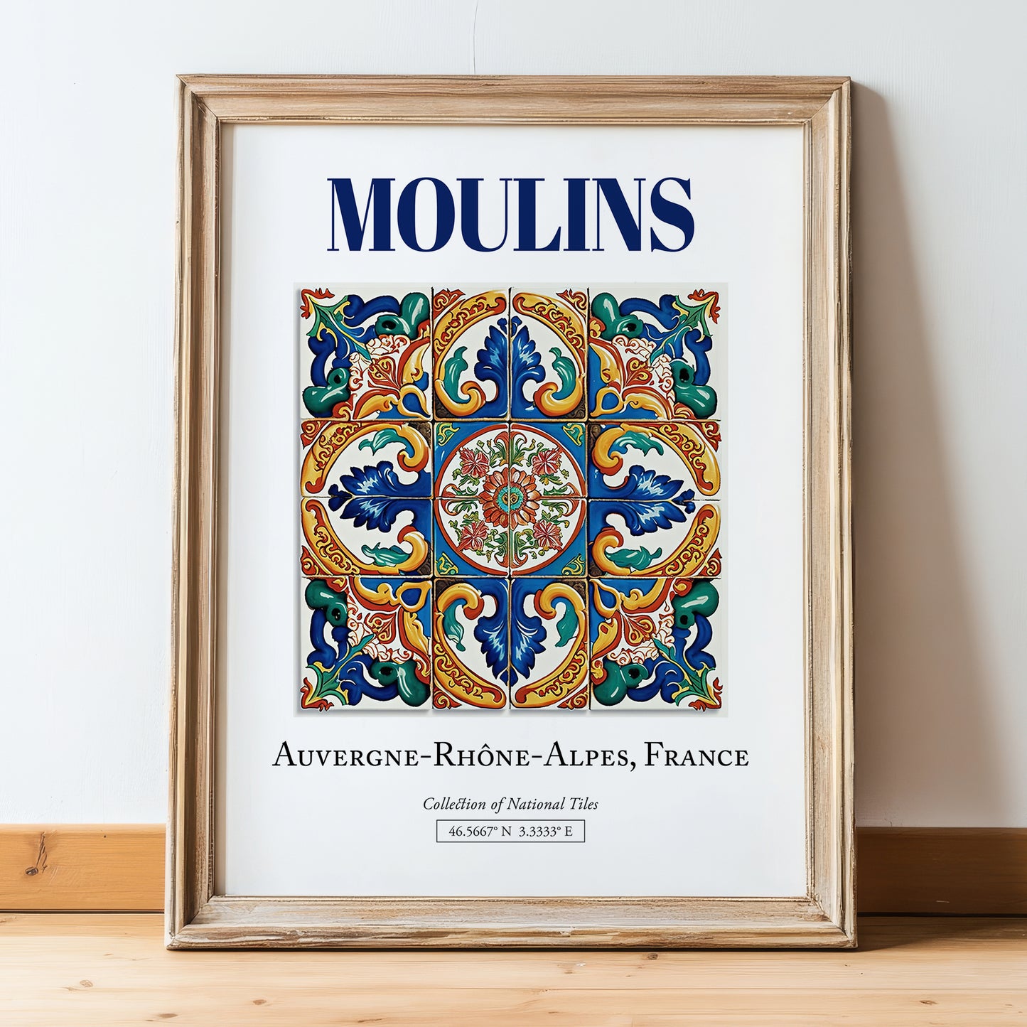 Moulins, France – Travel Poster, in wooden frame leaning on the floor