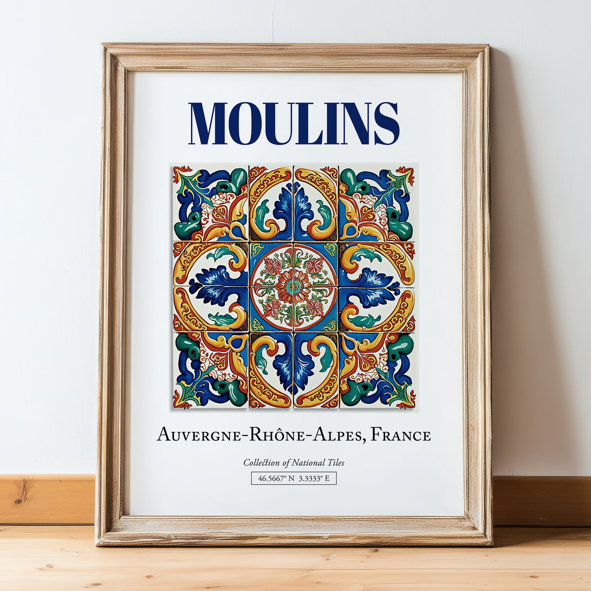 Moulins, France – Travel Poster, in wooden frame leaning on the floor