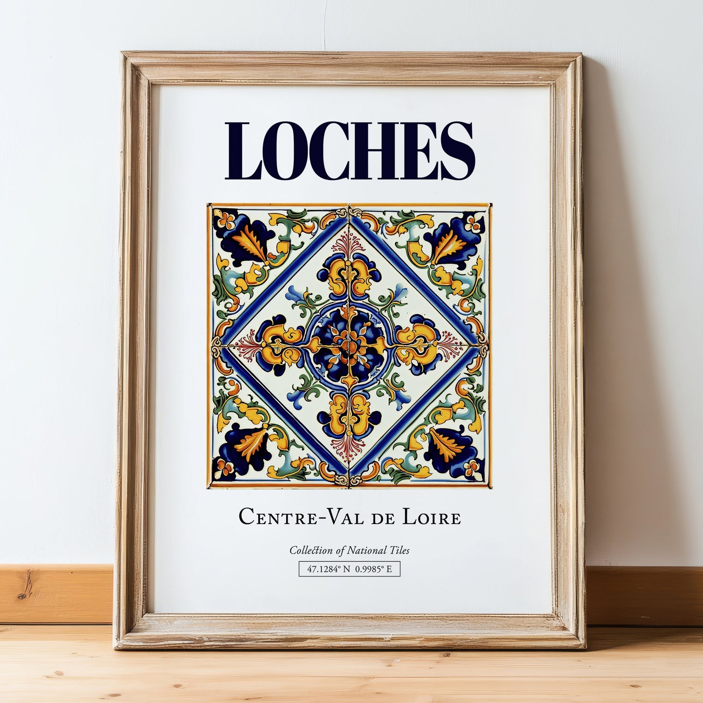 Loches, France – Travel Poster, in wooden frame leaning on the floor