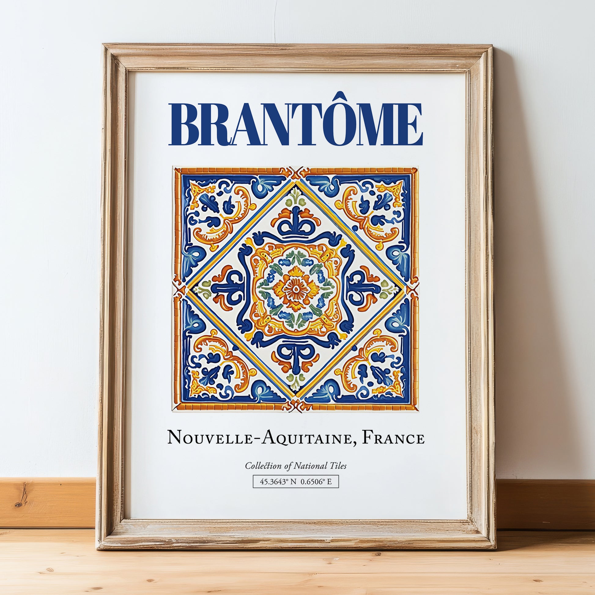 Brantôme, France – Travel Poster, in wooden frame leaning on the floor