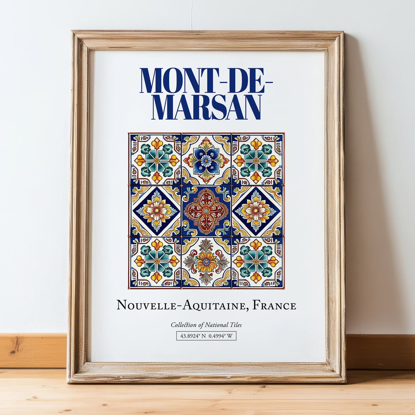 Mont-de-Marsan, France – Travel Destination Art, in wooden frame leaning on the floor