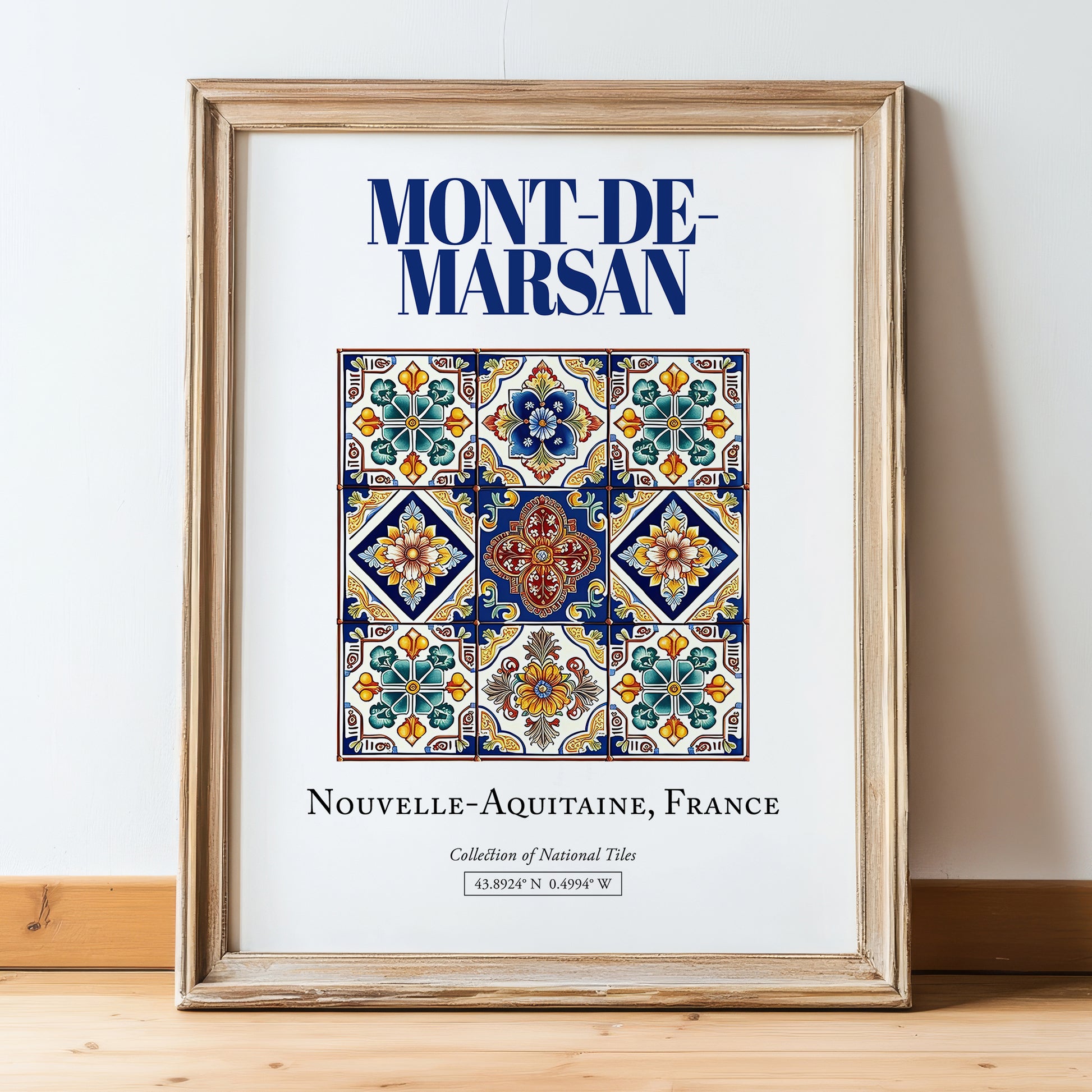 Mont-de-Marsan, France – Travel Destination Art, in wooden frame leaning on the floor