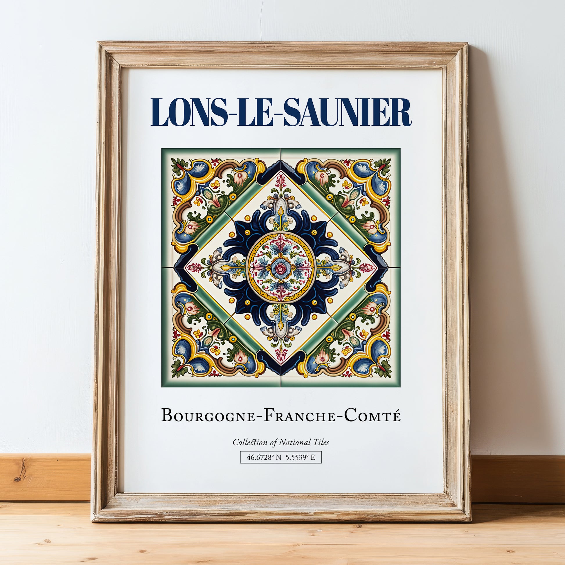 Lons-le-Saunier, France – Wanderlust-Inspired Poster, in wooden frame leaning on the floor