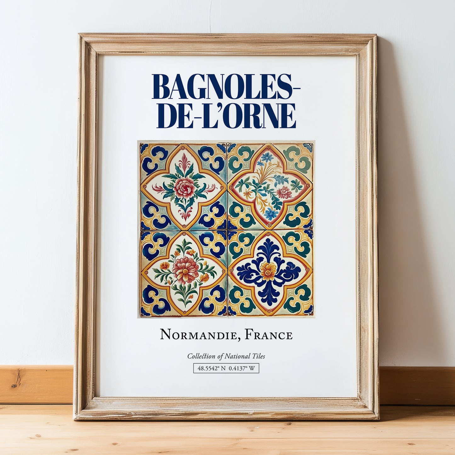 Bagnoles-de-l'Orne, France – Minimalist Travel Print, in wooden frame leaning on the floor