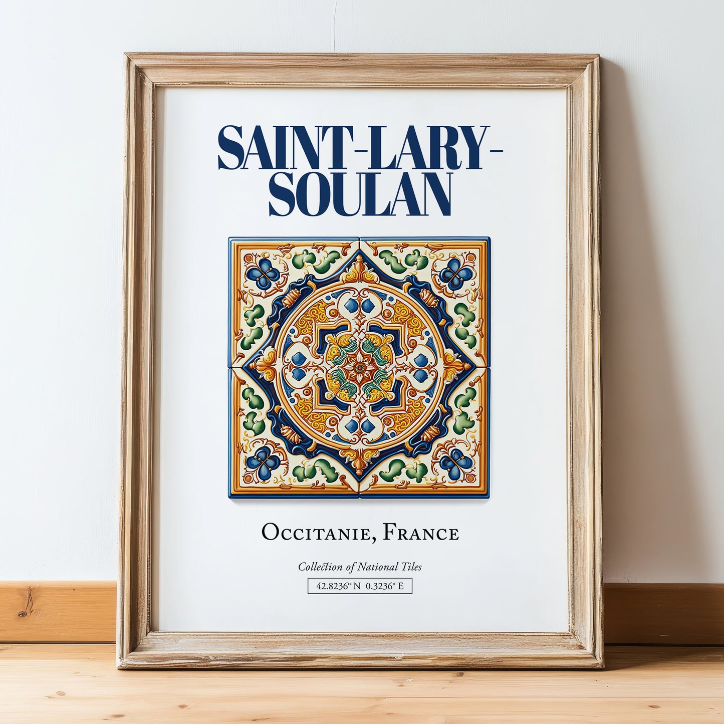 Saint-Lary-Soulan, France – Travel Poster, in wooden frame leaning on the floor