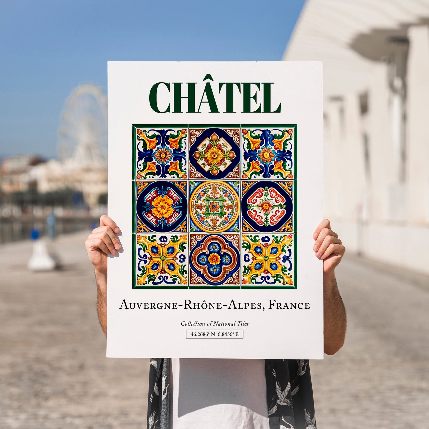 Châtel, France – Illustrated Travel Poster, no-text version framed in wood