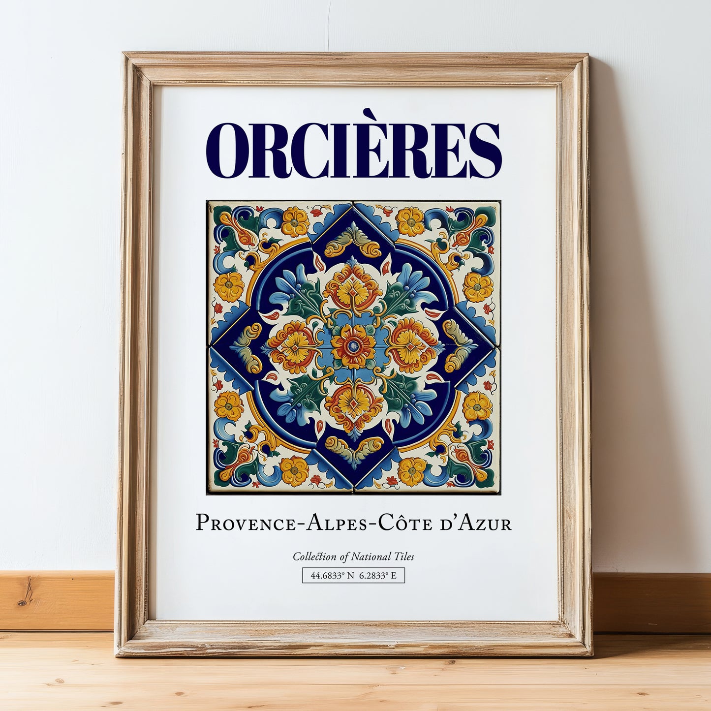 Orcières, France – Retro Travel Poster, in wooden frame leaning on the floor