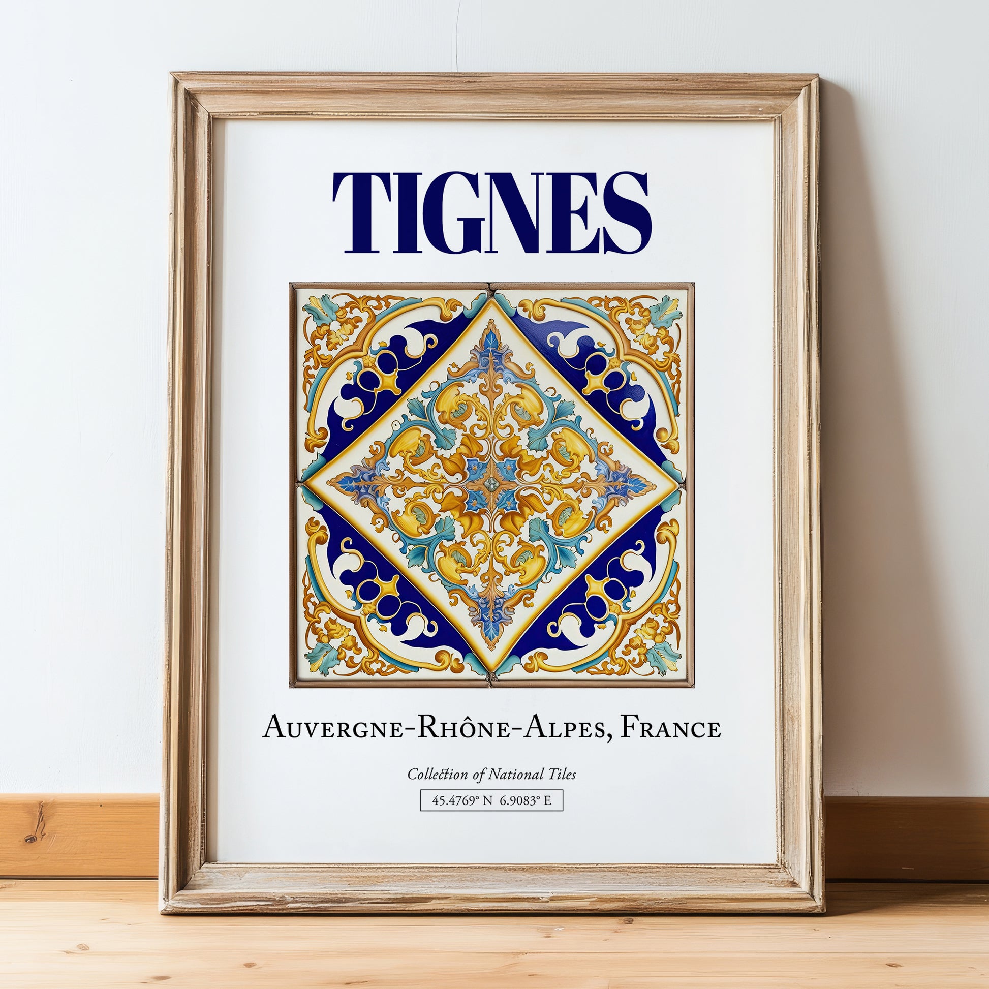 Tignes, France – Retro Travel Poster, in wooden frame leaning on the floor