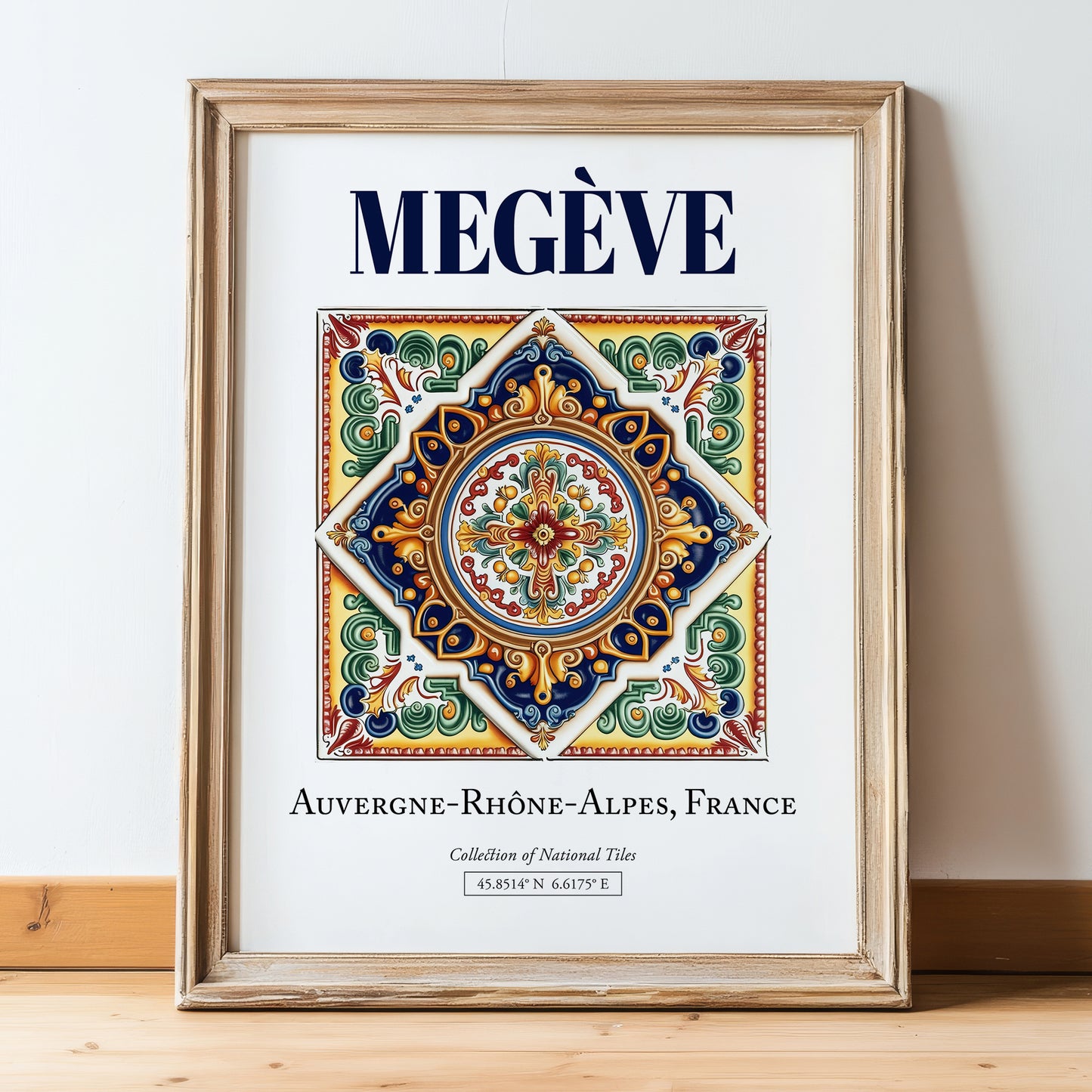 Megève, France – Minimalist Travel Print, in wooden frame leaning on the floor