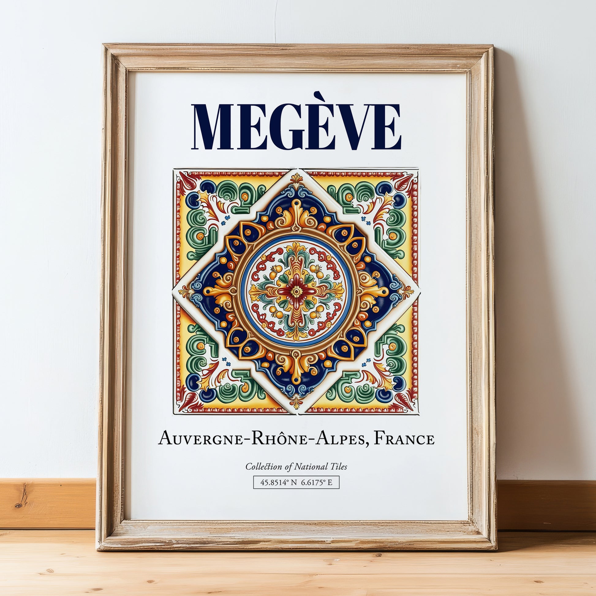Megève, France – Minimalist Travel Print, in wooden frame leaning on the floor