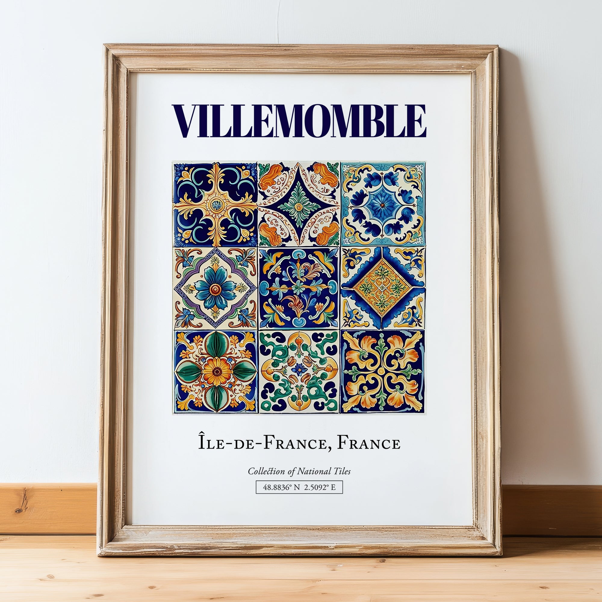 Villemomble, France – Minimalist Travel Print, in wooden frame leaning on the floor