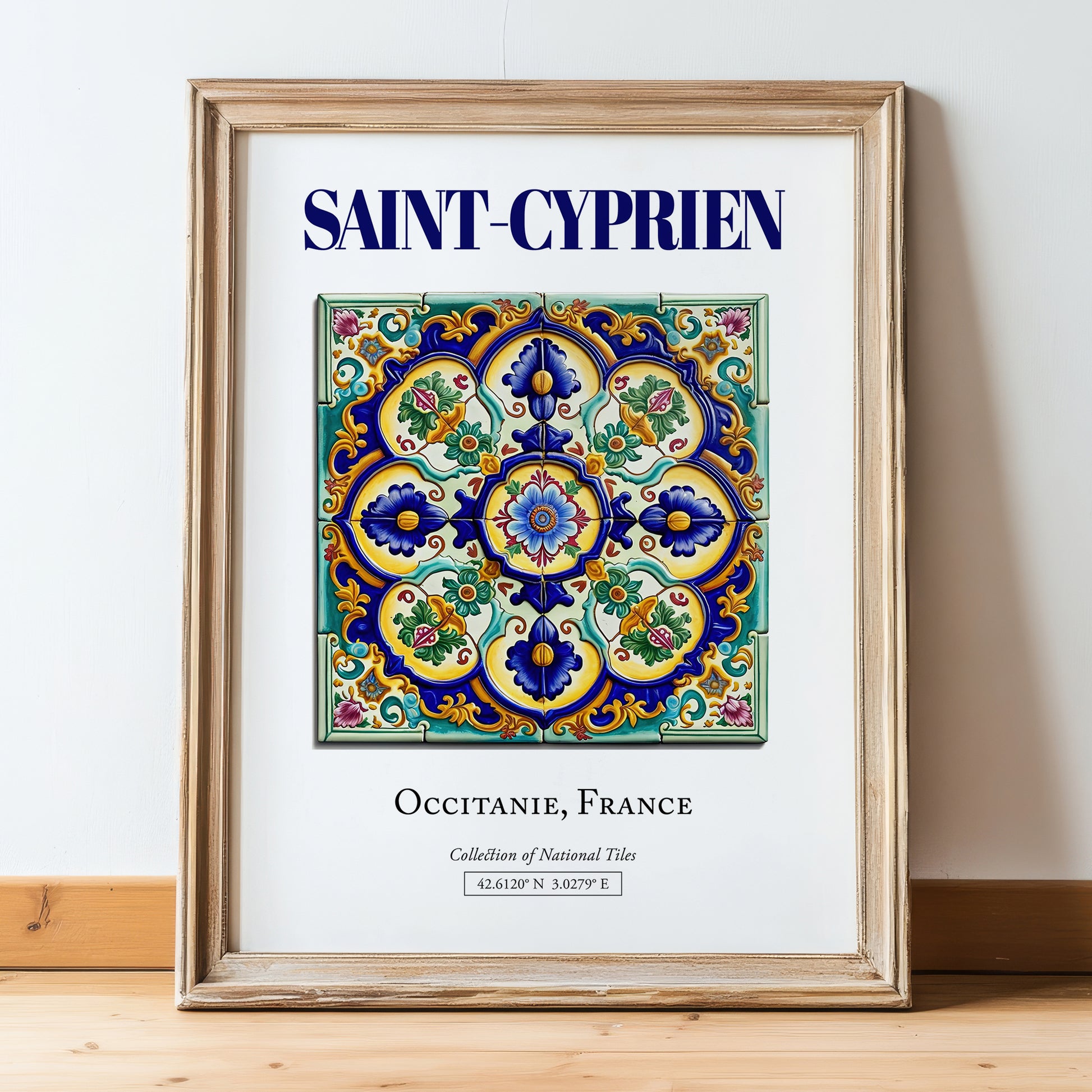 Saint-Cyprien, France – World Heritage Travel Poster, in wooden frame leaning on the floor