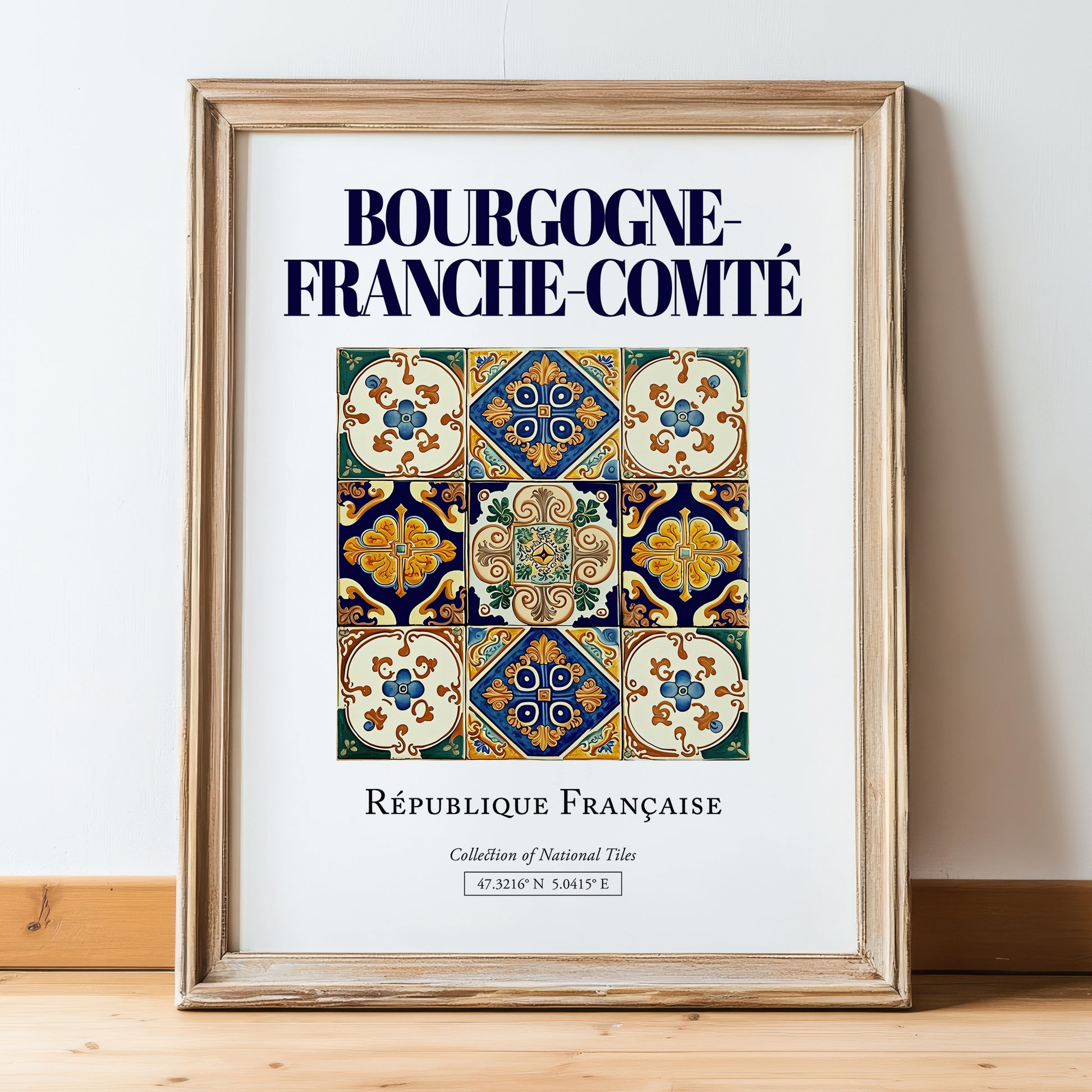 Bourgogne-Franche-Comté, France – Historic Cities Art Print, in wooden frame leaning on the floor