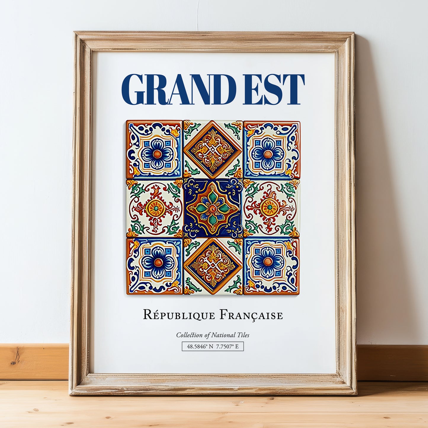 Grand Est, France – Retro Travel Poster, in wooden frame leaning on the floor