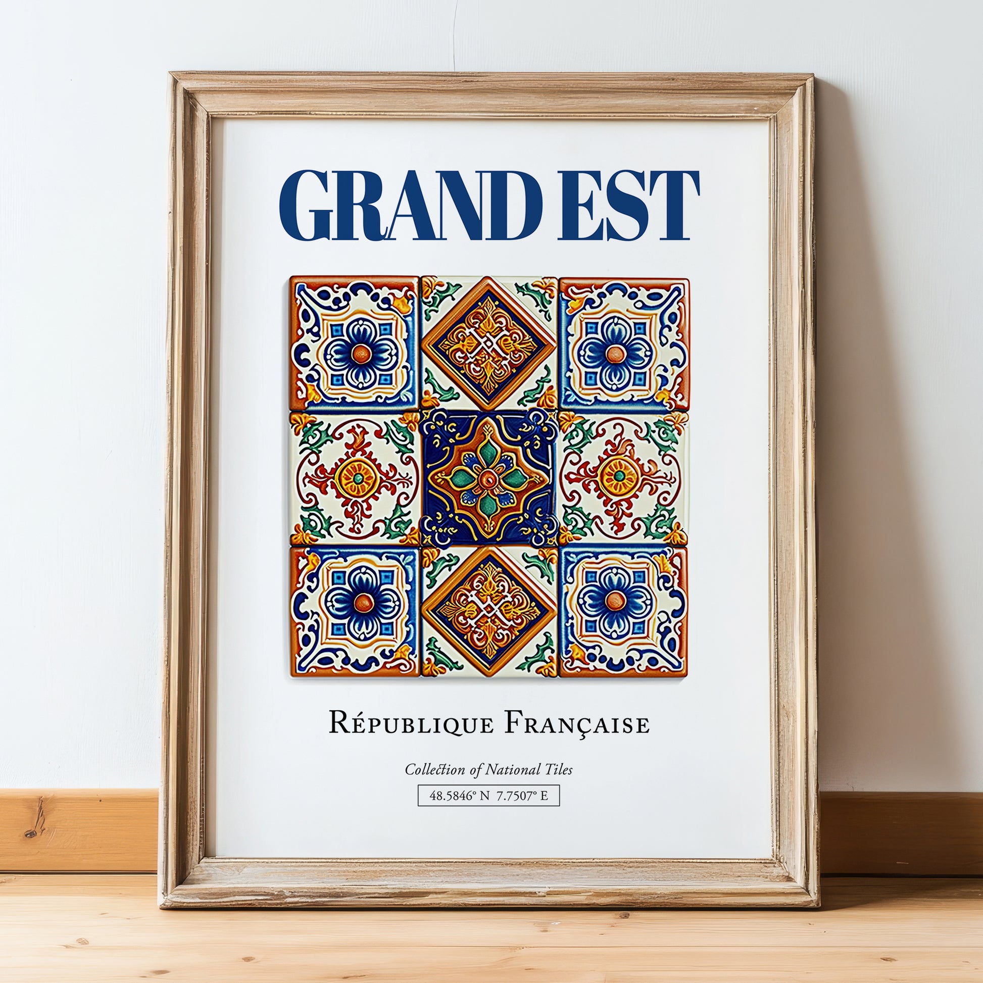 Grand Est, France – Retro Travel Poster, in wooden frame leaning on the floor