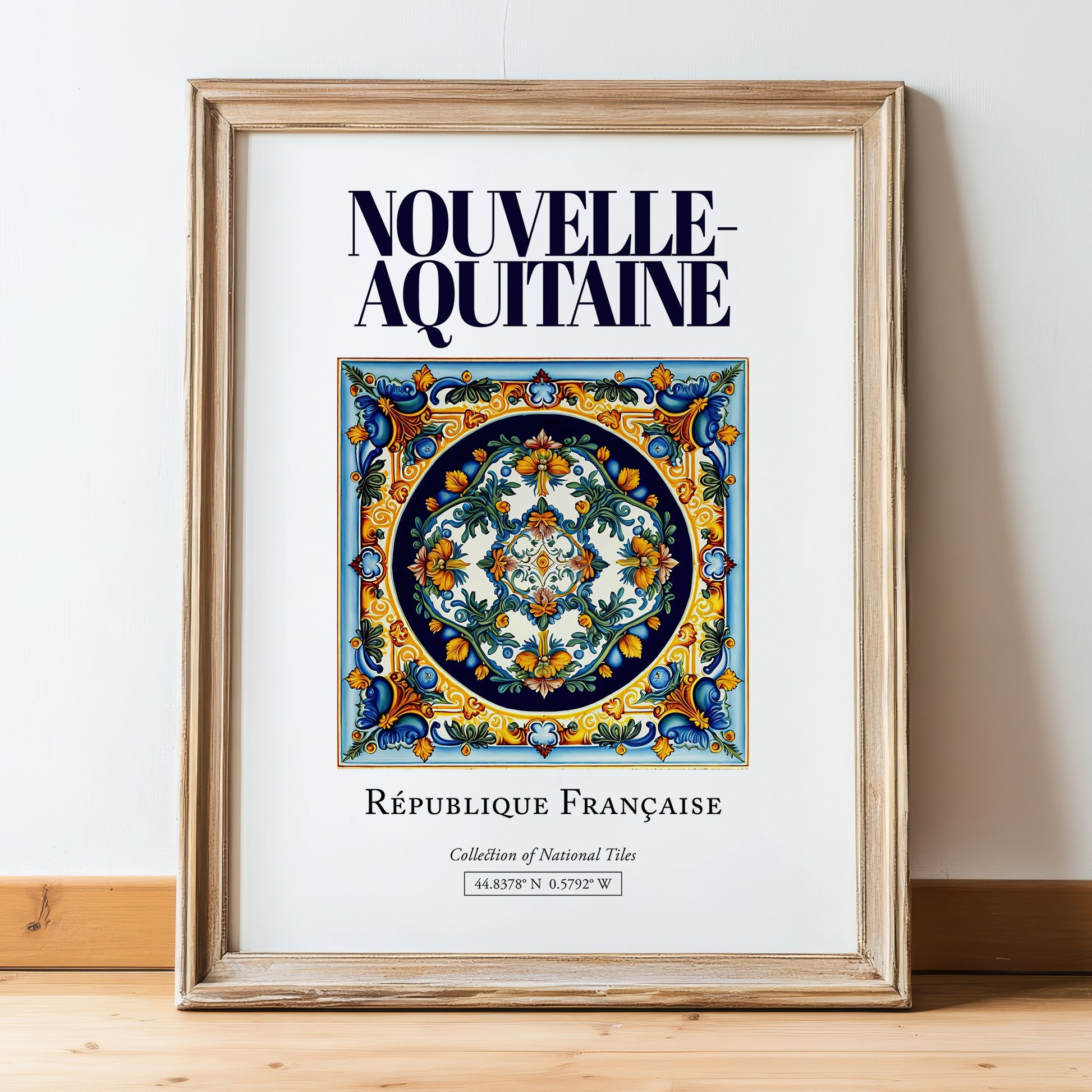 Nouvelle-Aquitaine, France – Travel Poster, in wooden frame leaning on the floor