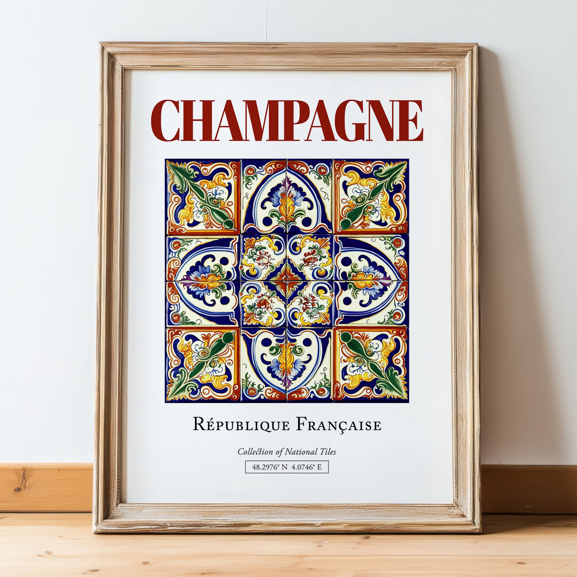 Champagne, France – Travel Poster, in wooden frame leaning on the floor