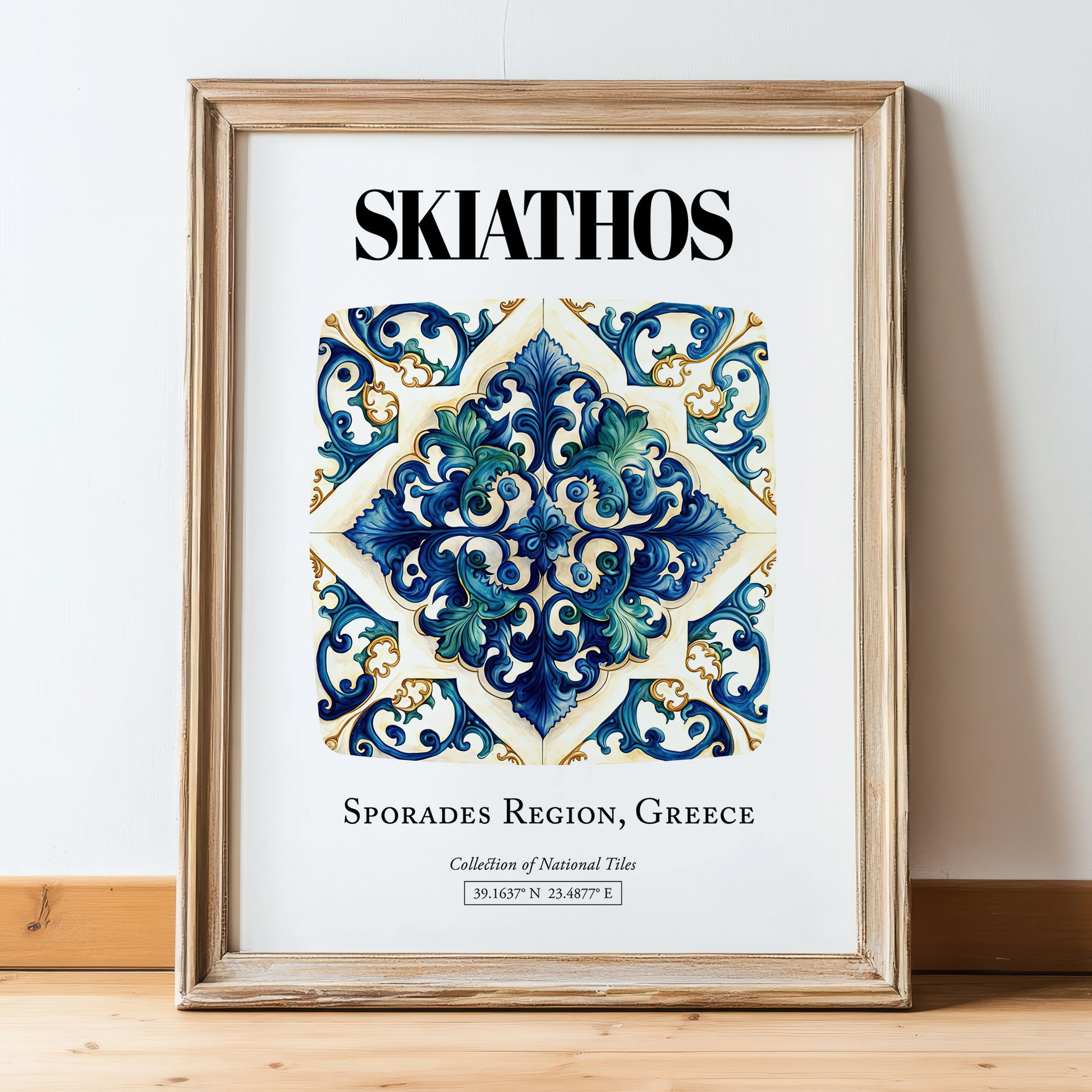 Skiathos, Greece – World Travel Art, in wooden frame leaning on the floor