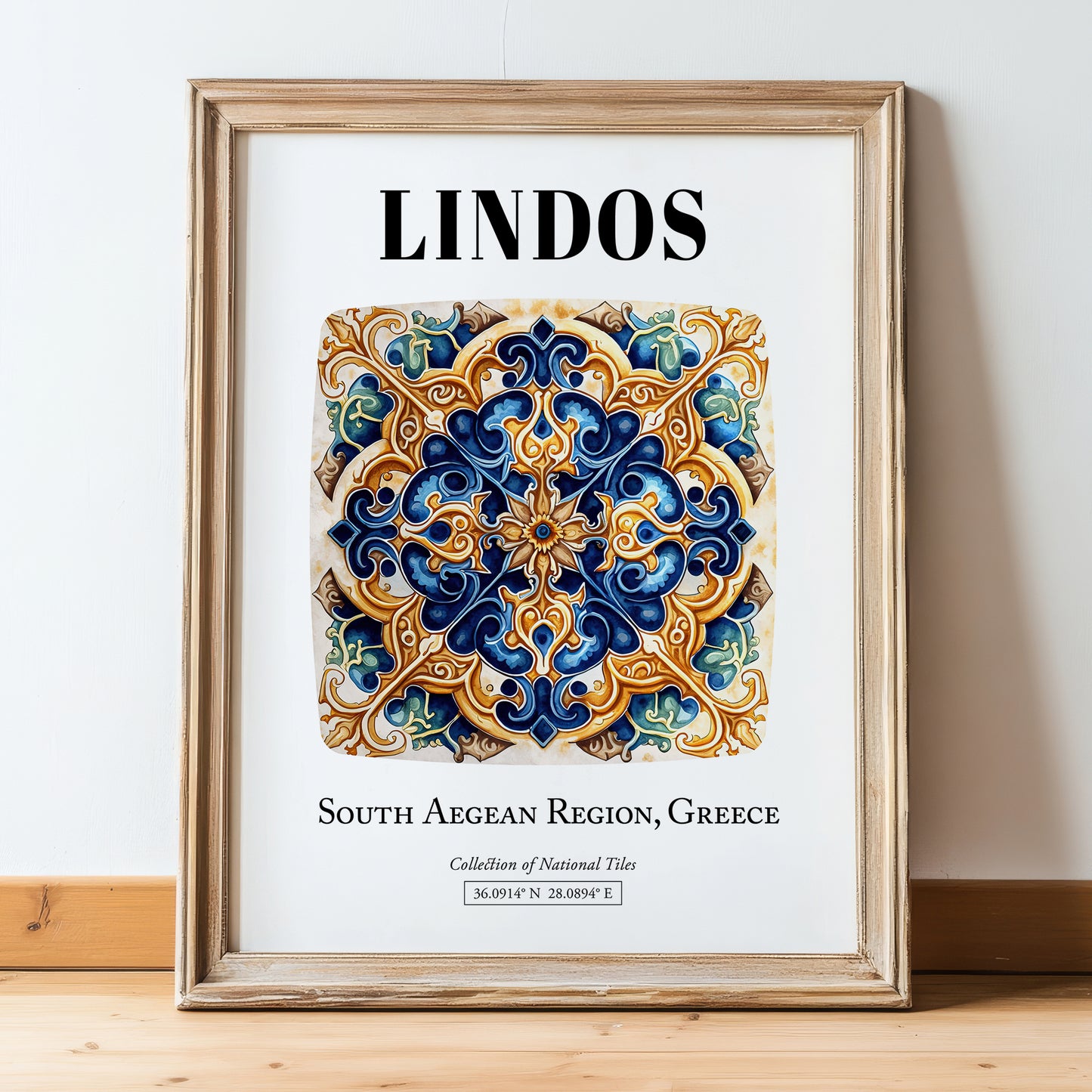 Lindos, Greece – Travel Wall Decor, in wooden frame leaning on the floor