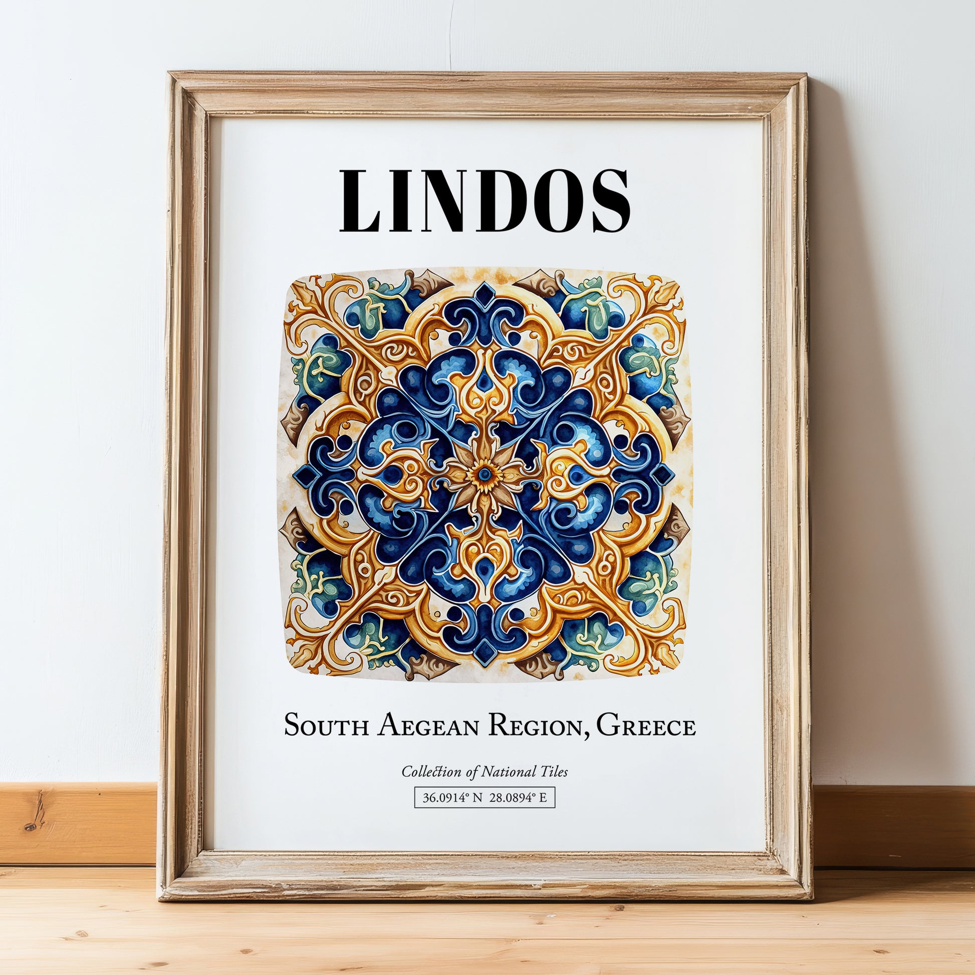 Lindos, Greece – Travel Wall Decor, in wooden frame leaning on the floor