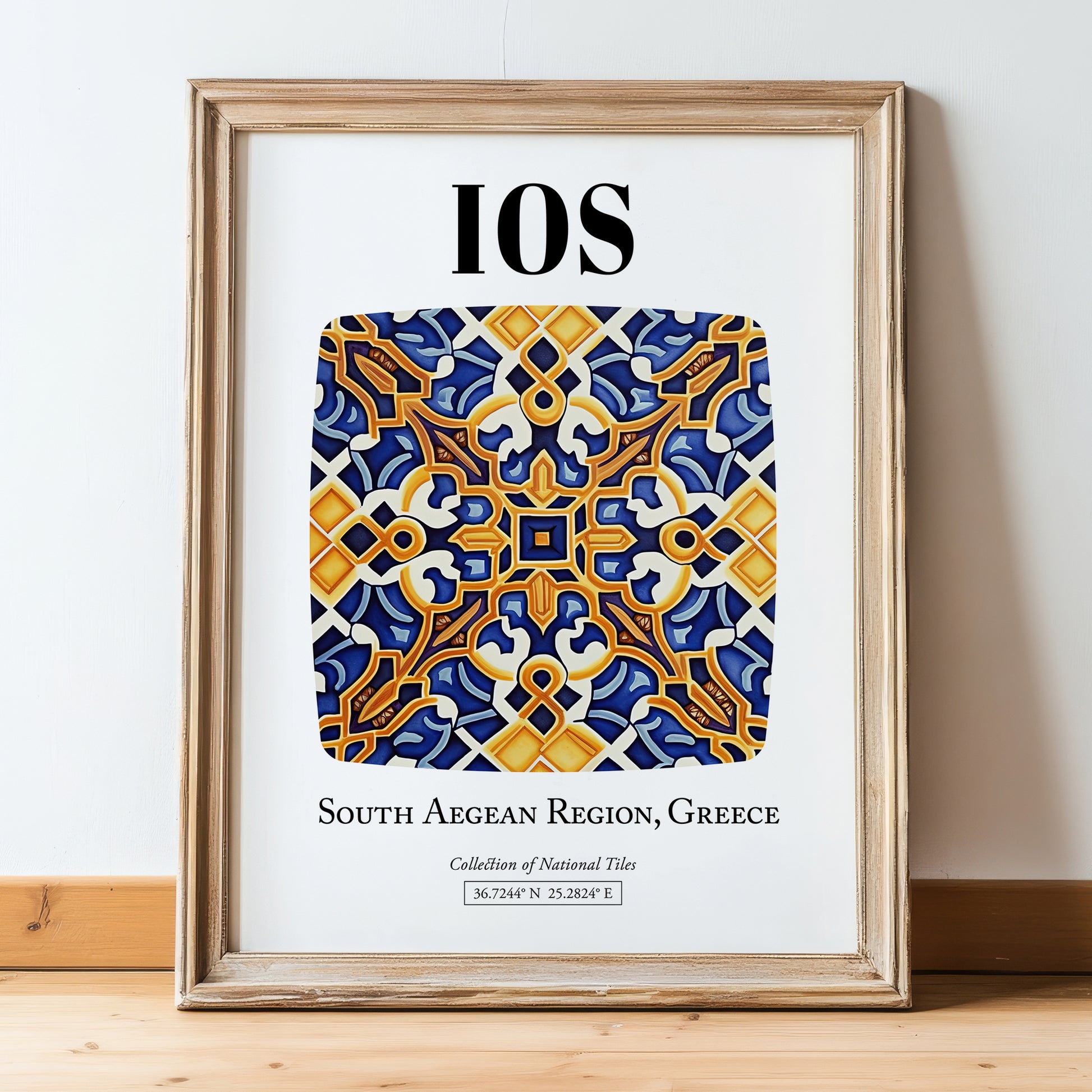 Ios, Greece – Travel Poster, in wooden frame leaning on the floor