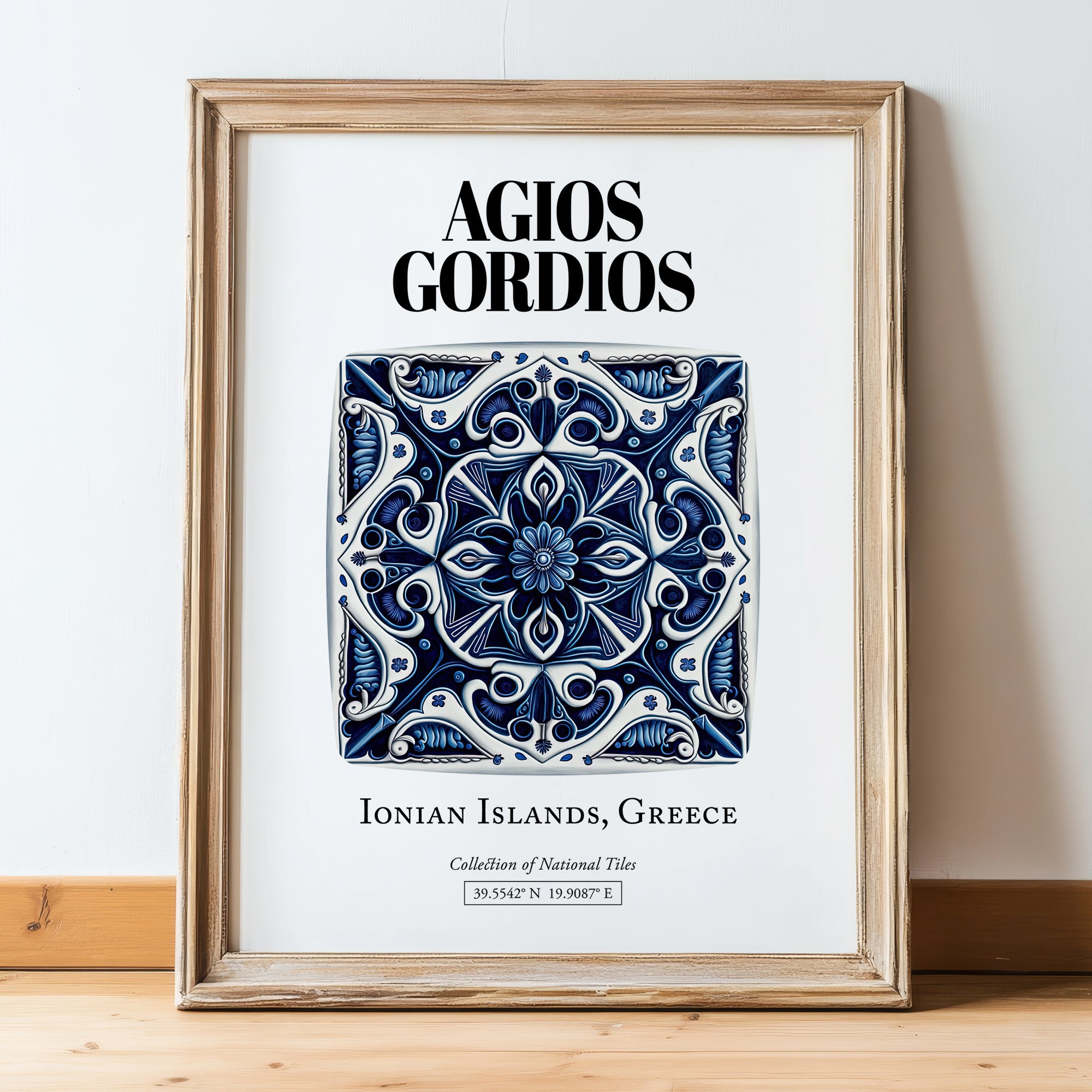 Agios Gordios, Greece – Away From Home Poster, in wooden frame leaning on the floor