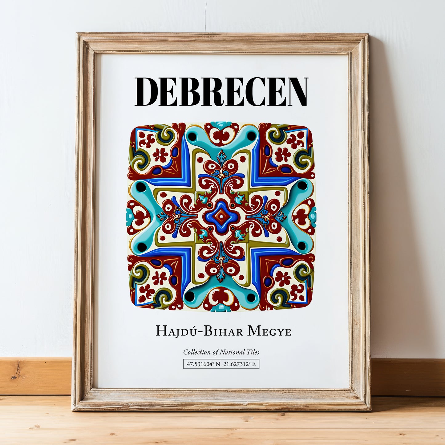 Debrecen, Hungary – Travel Poster, in wooden frame leaning on the floor