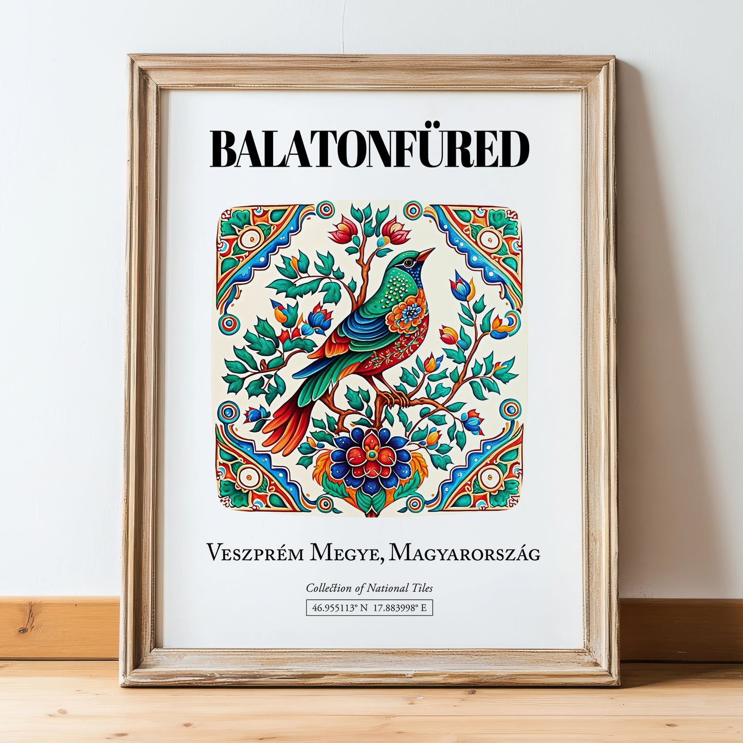 Balatonfüred, Hungary – Travel Poster, in wooden frame leaning on the floor