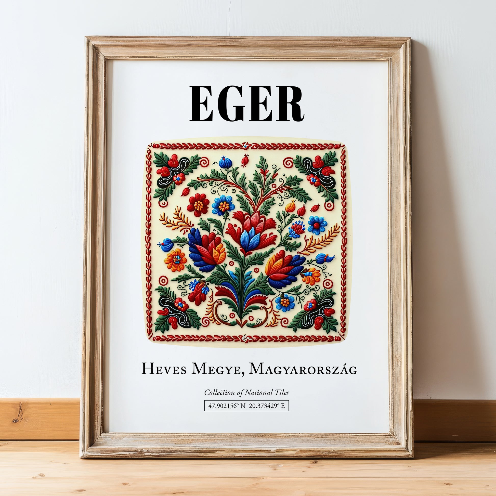 Eger, Hungary – Travel Print, in wooden frame leaning on the floor