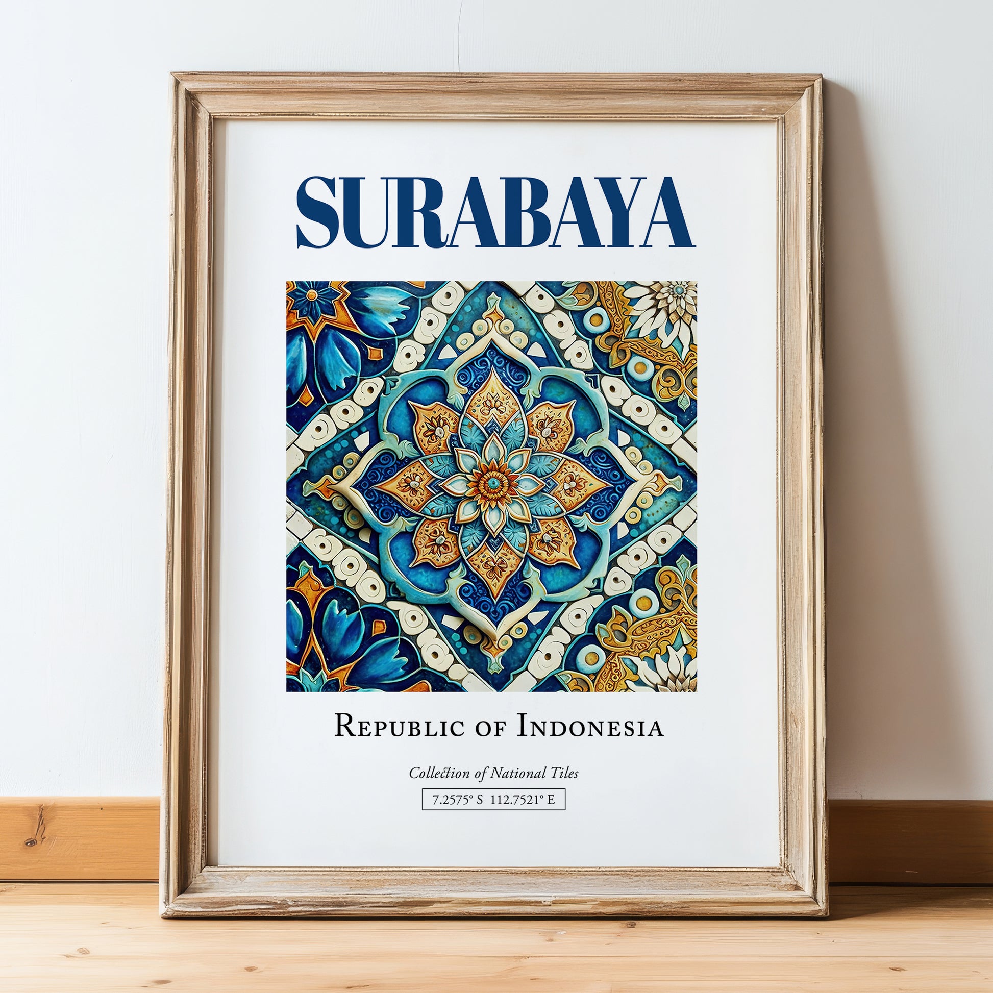 Surabaya, Indonesia – Travel Poster, in wooden frame leaning on the floor