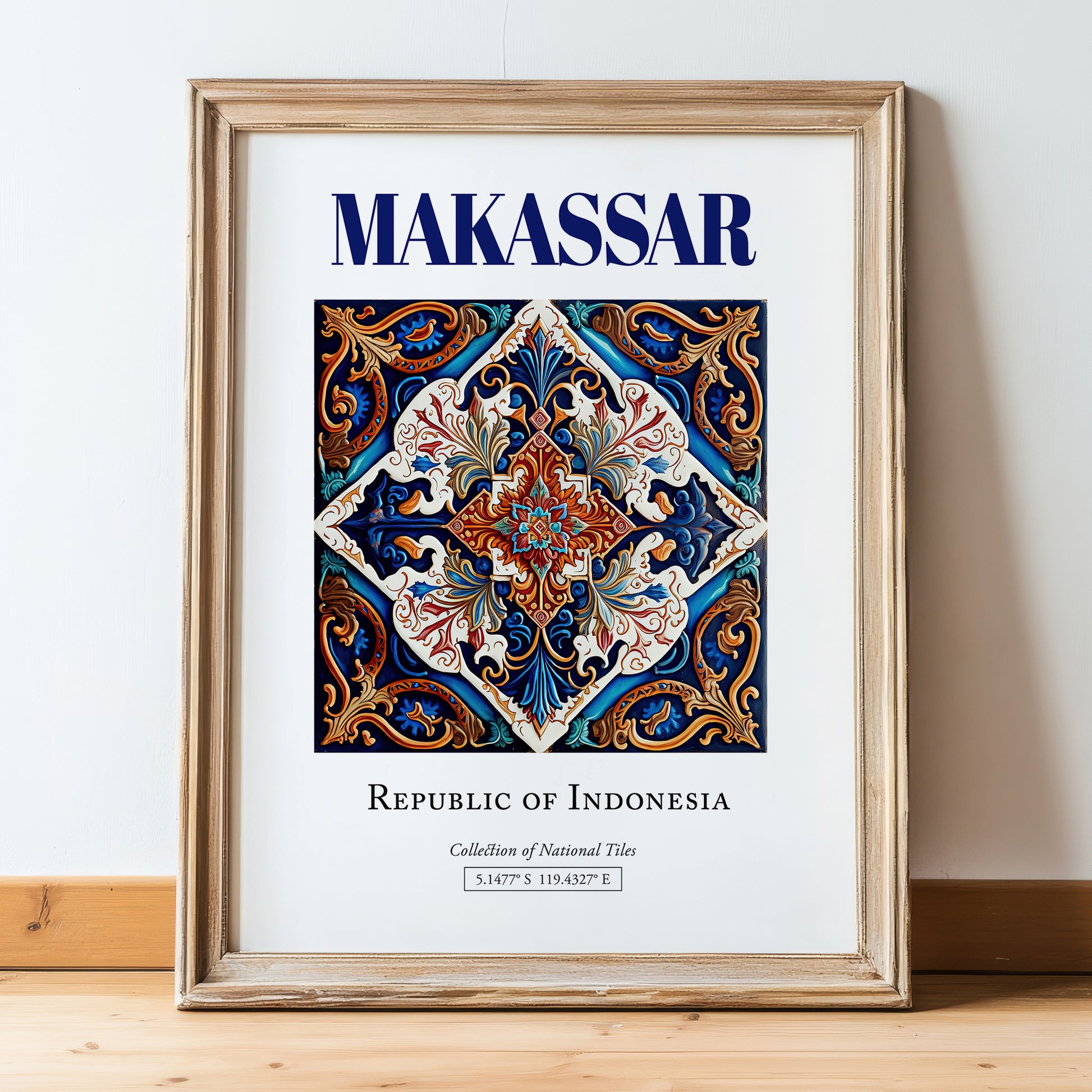 Makassar, Indonesia – Travel Destination Art, in wooden frame leaning on the floor